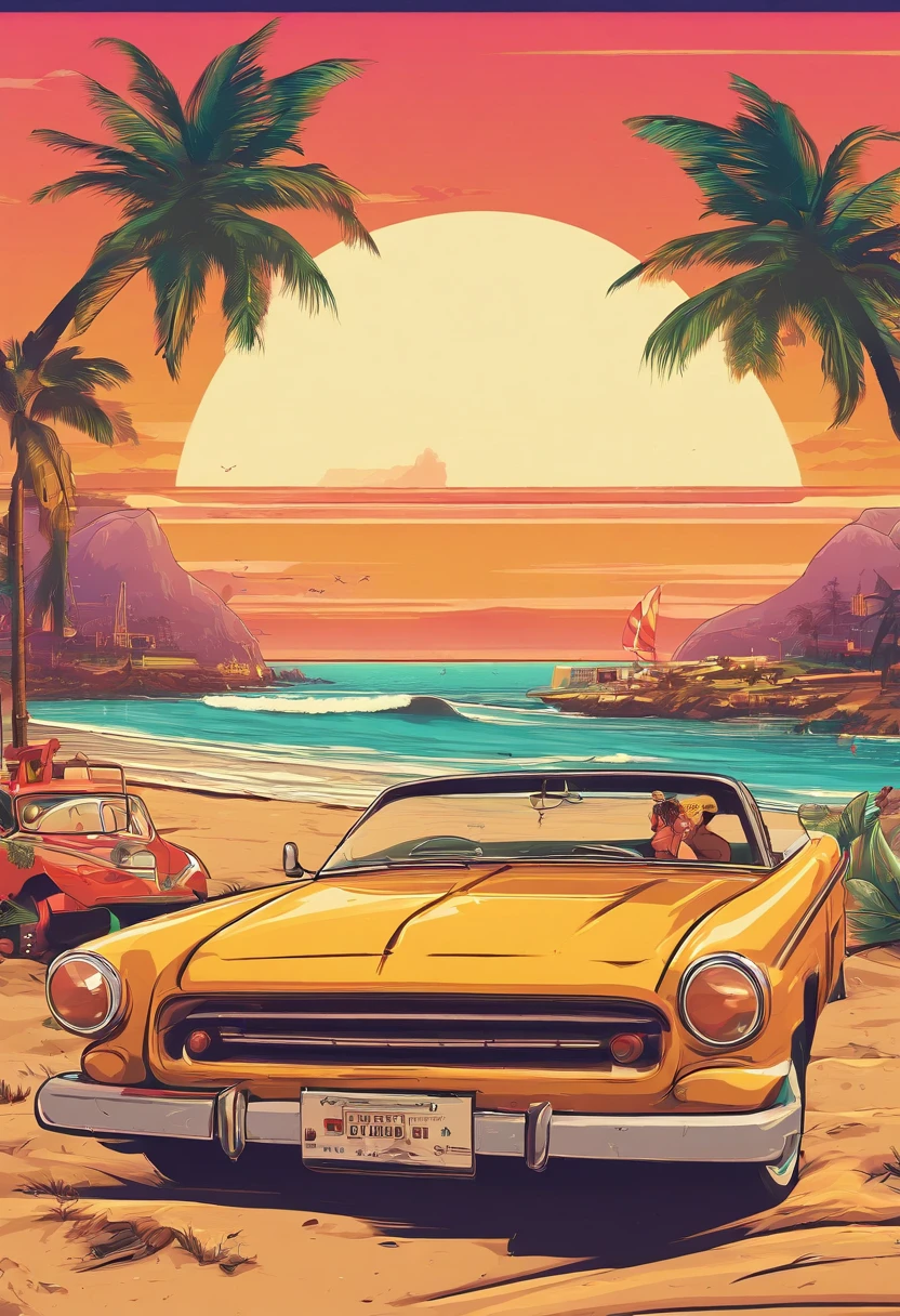 A yellow car parked on the beach with palm trees and a sunset - SeaArt AI