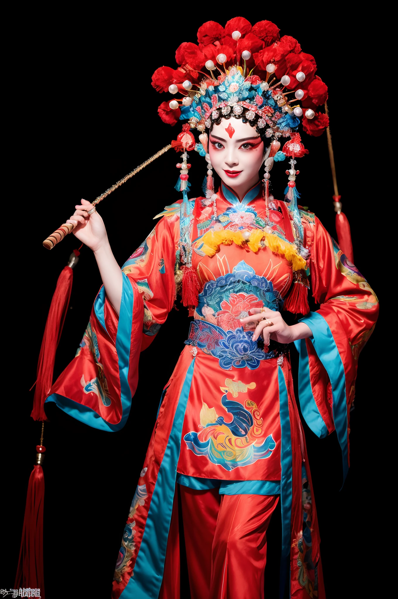 Works of masters，Best image quality，16k, RAW photo, Best quality, Masterpiece, Realistic, photo-realistic, Ultra detailed, 1 girl, CNOperaCrown, From the front side, view the viewer, Makeup, headdress,Cinema lenses, nipple tassels,CNOperaCrown,The cost of media dramas,beijing opera,Dynamic pose Peking Opera performance，Peking Opera costumes，hinese drama cost，hinese clothing，chinese style，opera，with black background，Dingdall effect，Cinematic lighting，China-style，