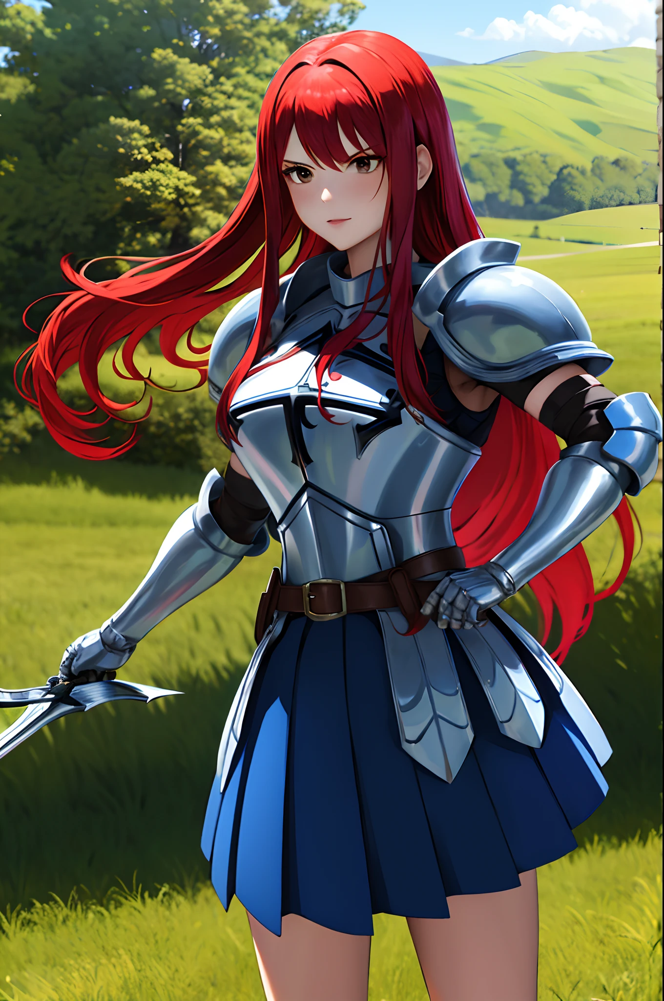 masterpiece, best quality, highres, fairy tail, 1girl, long hair, red hair, brown eyes, armor, shoulder armor, gauntlets, breastplate, armored dress, belt, pleated skirt, blue skirt, hair over one eye, field, grass, standing, cowboy shot, holding weapon, sword,