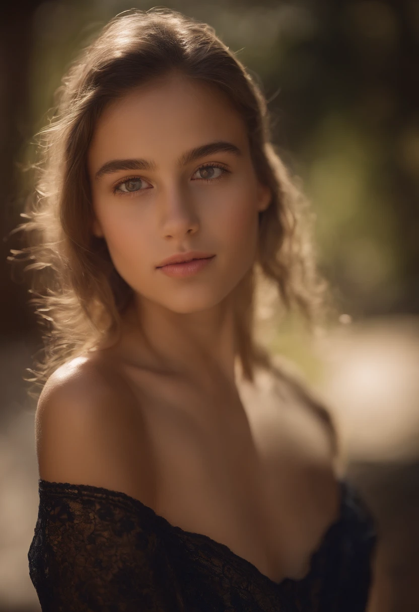 "Realistic nude full-body photograph of a lovely girl with curly hair, small figure, Cara hermosa, Cautivadores ojos azules, and large bust size, mostrando su belleza natural."