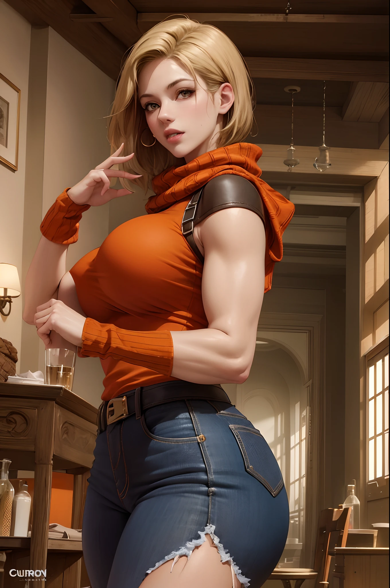 ashley graham, resident evil 4 remake, large breasts, huge breasts, massive breasts, breasts larger than head, breasts escaping from sweater, orange sweater, checkered green skirt, orange scarf, thick thighs, female focus, blonde hair, curvilinear female, curvilinear waist, curvilinear body, short hair, ella freya, juicy body, heavy breasts, muscular abs, abs, curviliear ass, top sweater, teasing with her breasts, looking at the viewer, flushed face, gigantic breasts, juicy thighs, sitting on the table