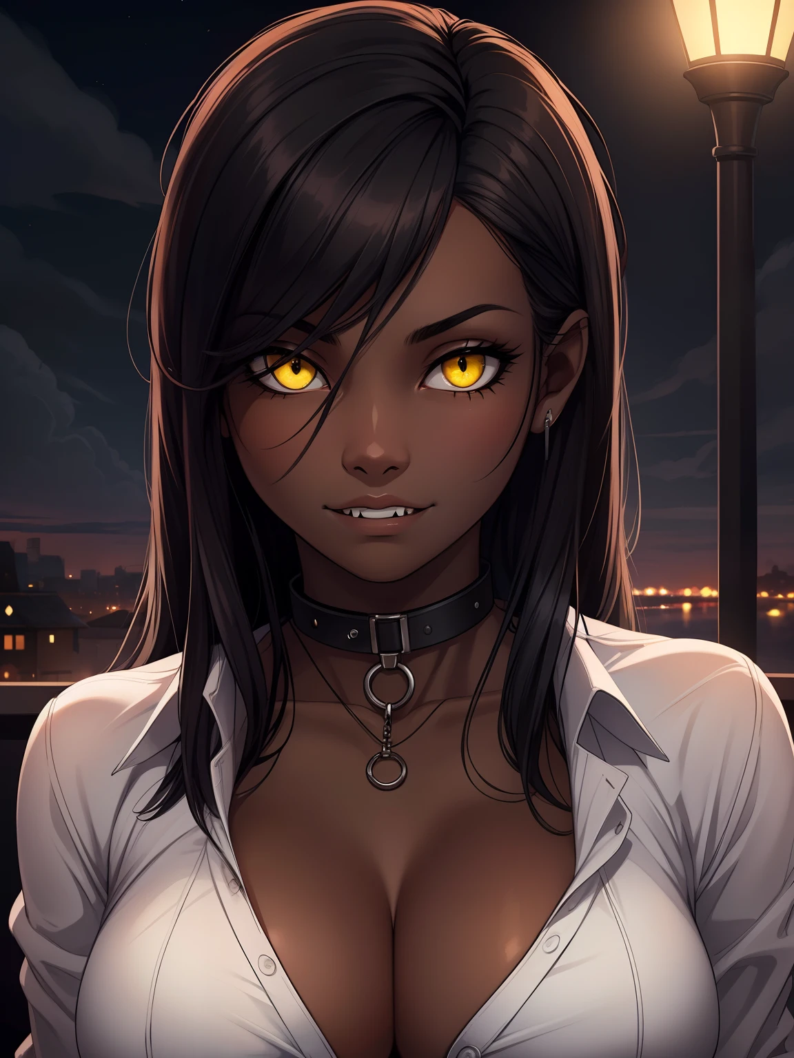 1 girl, (dark skin:1.2), shy, cute, cold expression, (8k, RAW photo, best quality, masterpiece:1.2), (realistic, photorealistic:1.2) (ultra-detailed, Super detailed:1.2), vivid colors, studio lighting, portrait, Yellow coloured eyes, blank eyes, Night clouds background, Aesthetic, romantic, Luna, Vampire, wearing goth collar, black hair, unbuttoned shirt revealing her chest, smirking revealing her tiny fangs