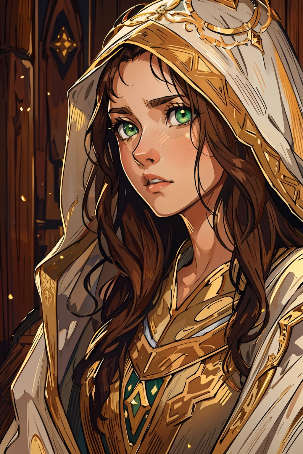 A beautiful sexy woman with green eyes and brown hair is a sorceress Wizard dressed in white and gold robes Noble robes A princess of magic and a sad look. A background with a dramatic wooden wall An art for an RPG A medieval art for an RPG (obra prima) ((Detailed strokes))
