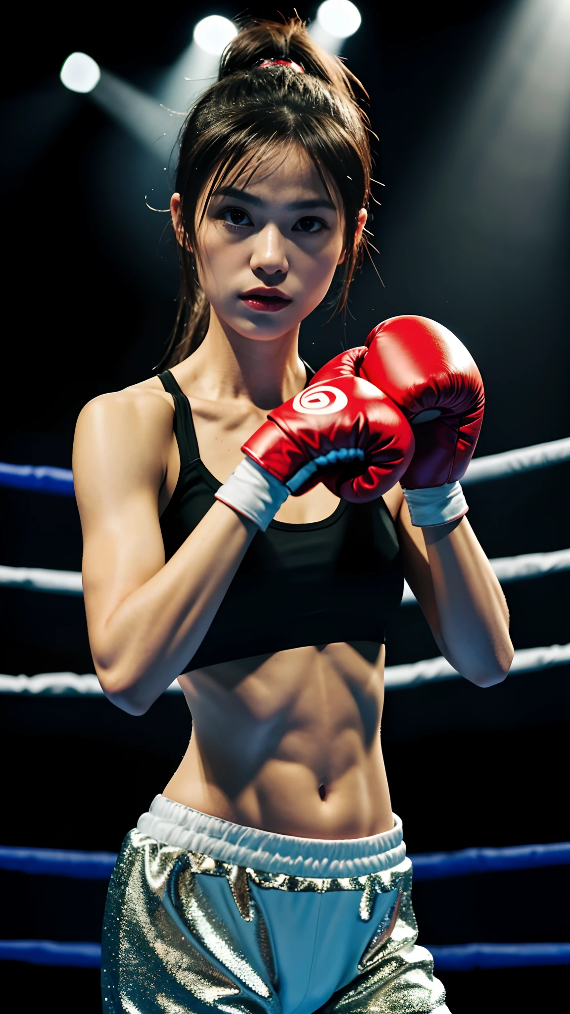 (best quality, masterpiece), 1girl, Boxer, ring, upper body, stage light, muscular, boxing gloves
