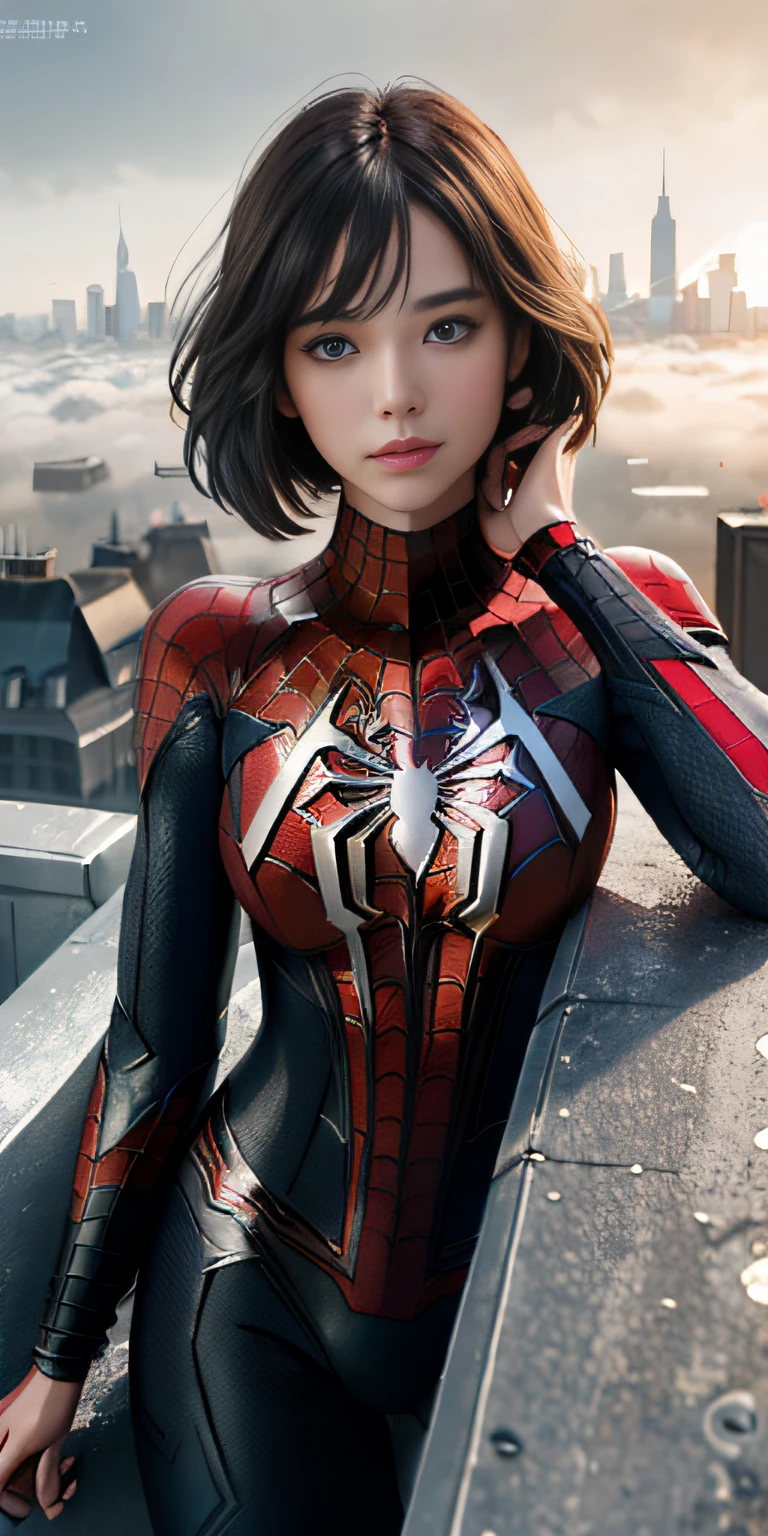 (1girl:1.3), Solo, (((Very detailed face)))), ((Very detailed eyes and face)))), Beautiful detail eyes, Body parts__, Official art, Unified 8k wallpaper, Super detailed, beautiful and beautiful, beautiful, masterpiece, best quality, original, masterpiece, super fine photo, best quality, super high resolution, realistic realism, sunlight, full body portrait, amazing beauty, dynamic pose, delicate face, vibrant eyes, (from the front), She wears Spider-Man suit, red and black color scheme, spider, very detailed city roof background, rooftop, overlooking the city, detailed face, detailed complex busy background, messy, gorgeous, milky white, highly detailed skin, realistic skin details, visible pores, clear focus, volumetric fog, 8k uhd, DSLR, high quality, film grain, fair skin, photo realism, lomography, futuristic dystopian megalopolis, translucent with full body and Spiderman for from home suit wear.she was 16 years old hottest beautifull girl and she wear a black specs
