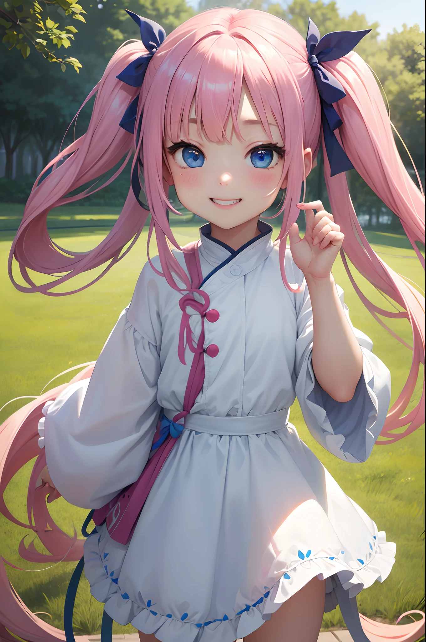 ​masterpiece:1.2、hightquality、top-quality、hight resolution、detaileds、A hyper-realistic、２０Beauty of the same age、long hair with pink twin tails,,,,,、Beautiful blue eyes、tilt of the head、morning glow、Green grass々Shigi々、birdie、rainbows、portlate、Lovely smile、showing teeth、(A detailed face)、((foco nítido))、((faces))、The upper part of the body_Body