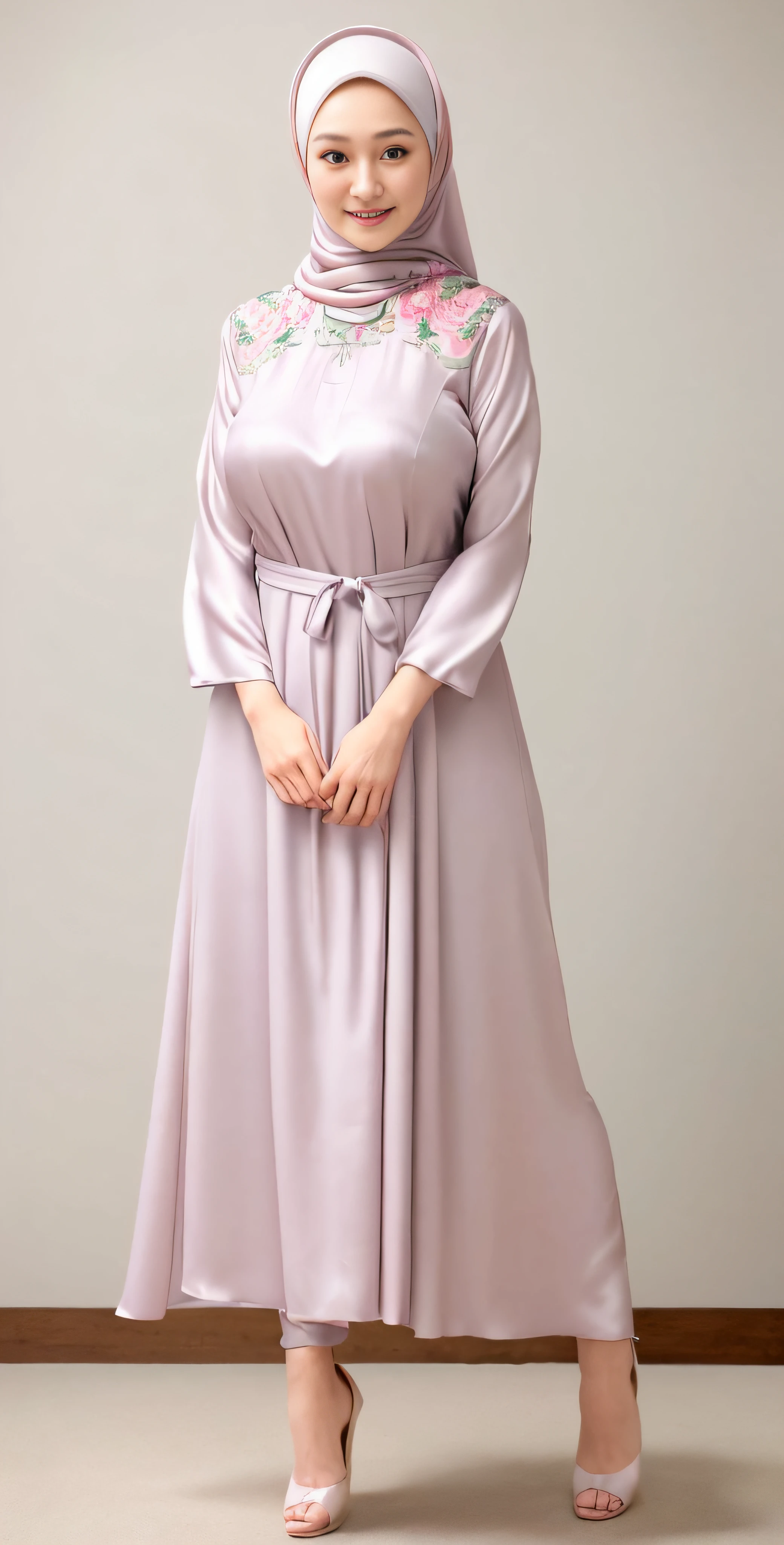 Luna Maya, slim faces, (RAW photo:1.2), (photorealistic:1.4),(masterpiece:1.3),(best quality:1.4),ultra high res,(detailed eyes),(detailed facial features),(detailed clothes features),HDR,8k resolution, skin tight, (((high detailed skin,visible pores))),1 girl, tall body, slim faces, body abs:1.2, , 30 years old, gigantic breast:1.4, wearing tight close beie pastel floral silk malay gamis with hijab, full body, beautiful shy smile,  wearing high heels