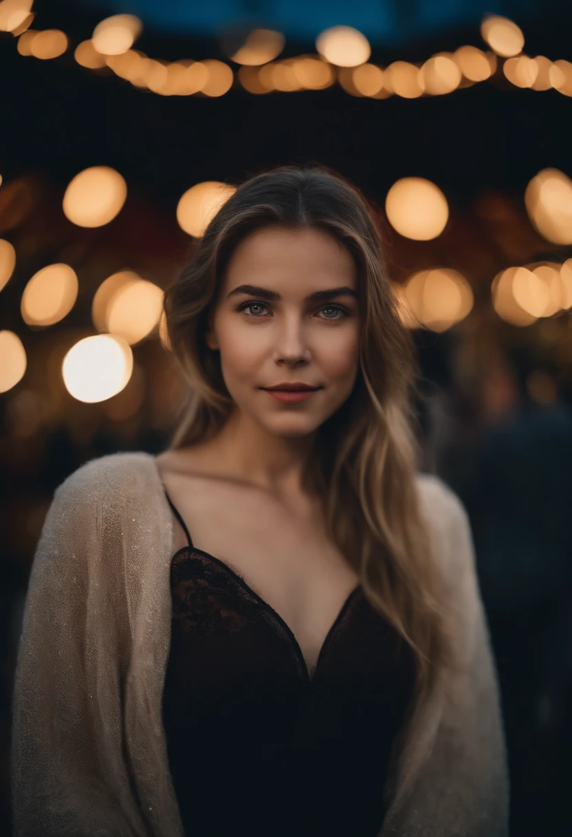 Portrait of a fathermasterpiece, Best Quality, 8K, 1girl, good hand, yo, lively, active, life force, luminescence, Looking away, Raw photo, F/1.8, 135 mm, NIKON, Anatomically correct, bokeh,Textured skin, Professional Photography, Portrait, Soft light, Professional Lighting, Solo, (Smile), Cute, Girly, Film grain, (Eyes and faces with detailed:1.0), 8k wallpaper, Silk Blouse, skirt, merry-go-round, amusement park