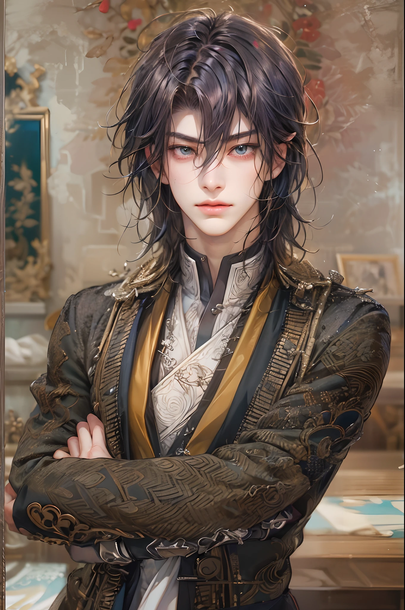 (absurdres, highres, ultra detailed, HDR), masterpiece, best quality, 1 boy , Hakuoki character, short hair, handsome face, anime eyes,detailed interior, detailed character