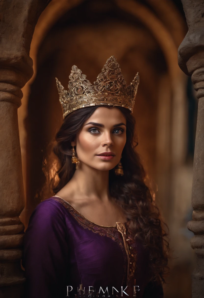 realistic photo, a realistic photo of 30yo medieval woman queen wearing a purple dress, red hair, medieval castle, Warm colors,blue eyes, perfect nose, round face, straight eyebrow, cheek bones (1girl), (extremely detailed CG unity 8k wallpaper), photo of the most beautiful artwork in the world, professional majestic, (big-breasted:1.5) (photography by Steve McCurry), 8k uhd, dslr, soft lighting, high quality, film grain, Fujifilm XT3 sharp focus, f 5.6, High Detail, Sharp focus, dramatic, (looking at viewer:1.2), (detailed pupils:1.3), (natural light), full body.