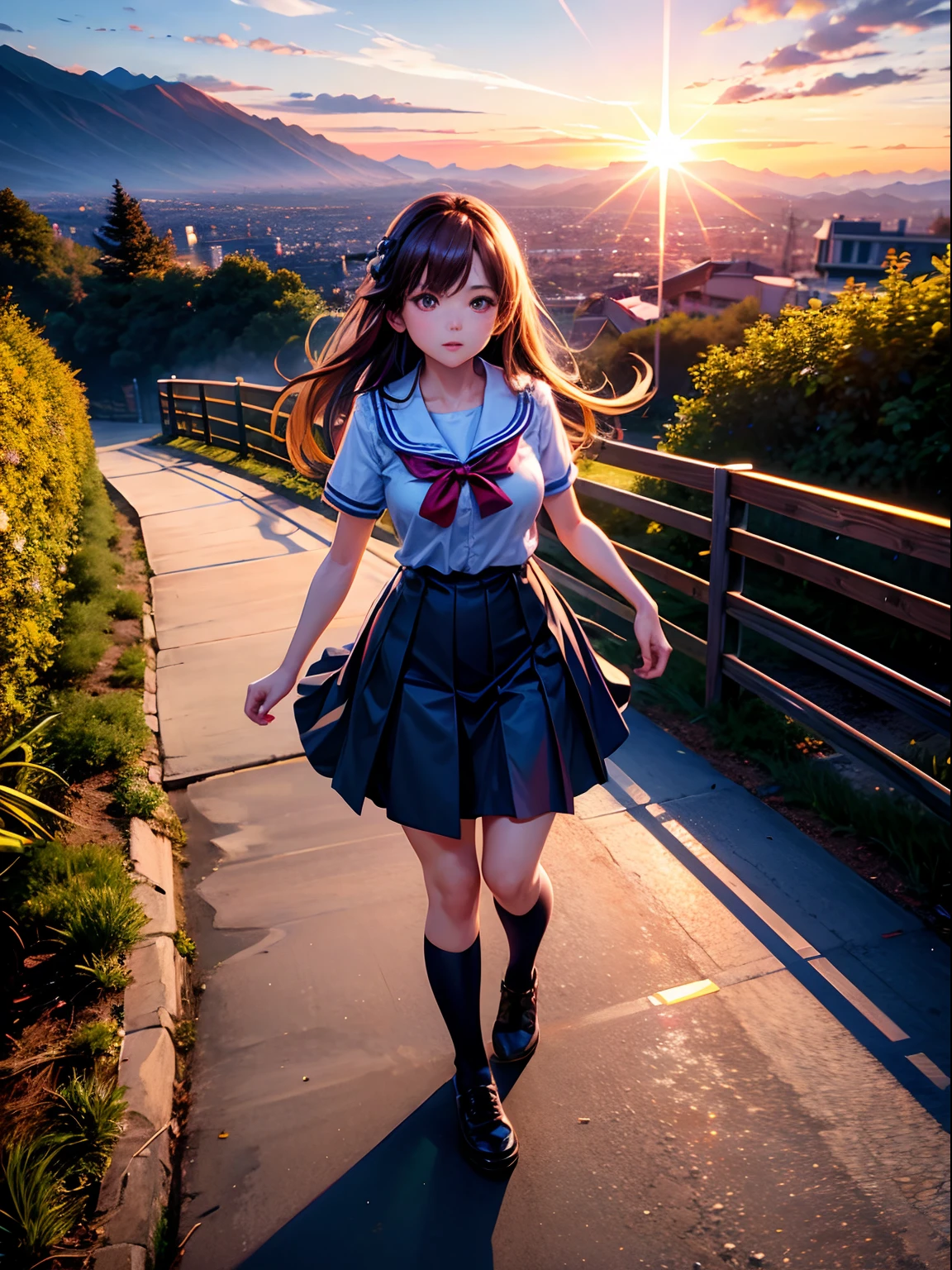 hight resolution, top-quality, masterpiece, ultra-quality, The ultra-detailliert, lighting like a movie、High school girl walking on slope at sunset、