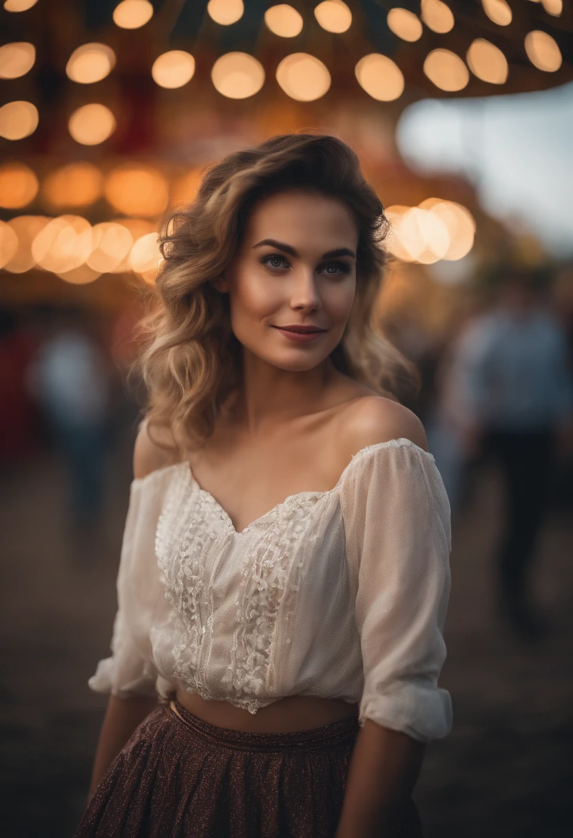 masterpiece, Best Quality, 8K, 1man, good hand, 26 yo, lively, active, life force, luminescence, Looking away, Raw photo, F/1.8, 135 mm, NIKON, Anatomically correct, bokeh,Textured skin, Professional Photography, Portrait, Soft light, Professional Lighting, Solo, (Smile), Cute, manly, Film grain, (Eyes and faces with detailed:1.0), 8k wallpaper, Silk Blouse, skirt, merry-go-round, amusement park