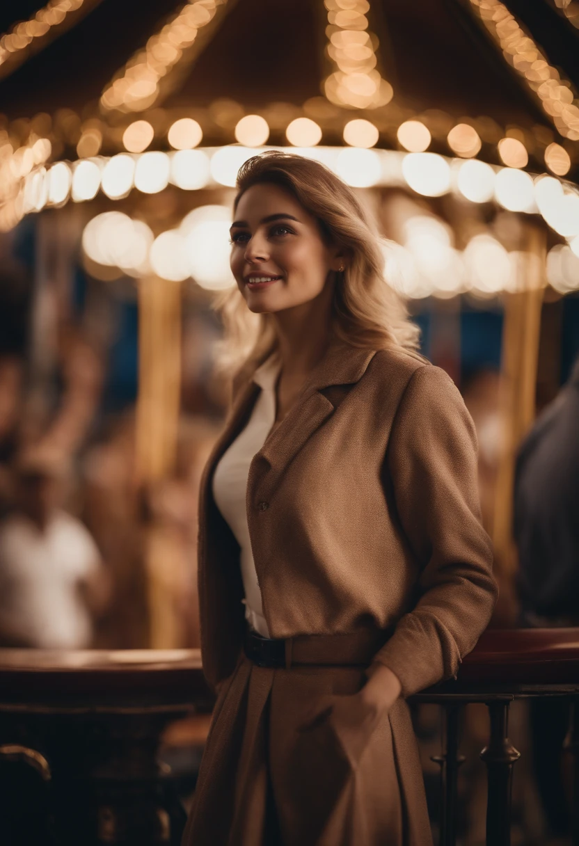 masterpiece, Best Quality, 8K, 1man, good hand, 26 yo, lively, active, life force, luminescence, Looking away, Raw photo, F/1.8, 135 mm, NIKON, Anatomically correct, bokeh,Textured skin, Professional Photography, Portrait, Soft light, Professional Lighting, Solo, (Smile), Cute, manly, Film grain, (Eyes and faces with detailed:1.0), 8k wallpaper, Silk Blouse, skirt, merry-go-round, amusement park