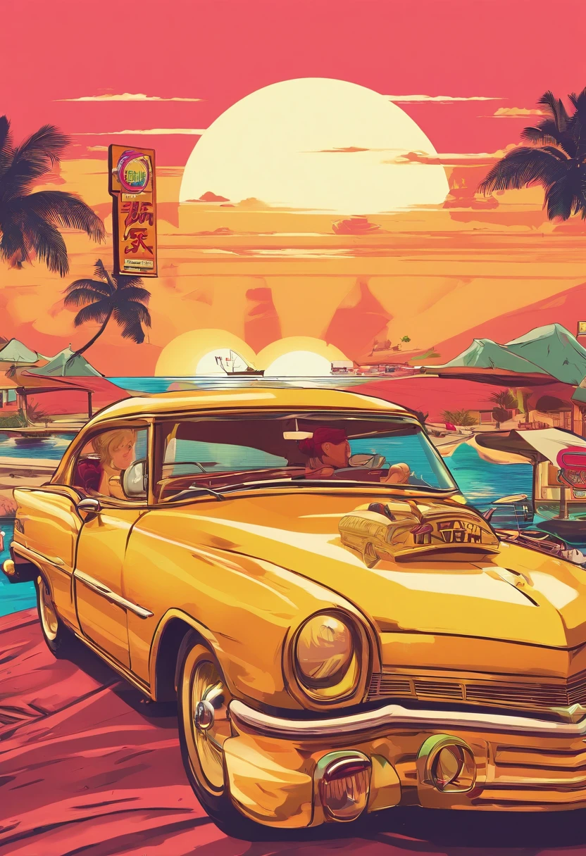 Sunset beach in the background,Vintage cars parked,Broadway poster style,There is an advertisement for pineapple beer in the picture