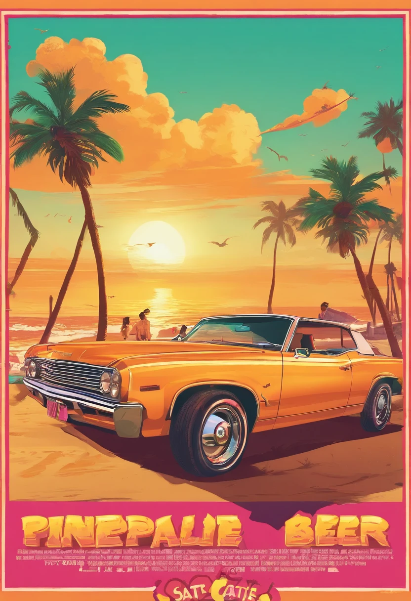 Sunset beach in the background,Vintage cars parked,Broadway poster style,There is an advertisement for pineapple beer in the picture