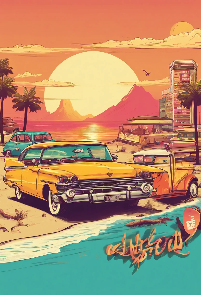 Sunset beach in the background,Vintage cars parked,Broadway poster style,There is an advertisement for pineapple beer in the picture