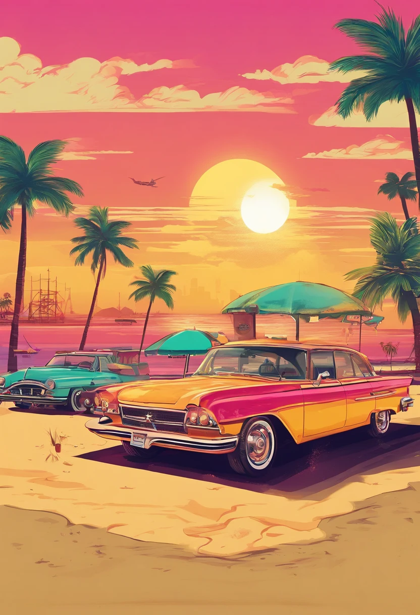 Sunset beach in the background，Vintage cars parked，Broadway poster style，There is an advertisement for pineapple beer in the picture