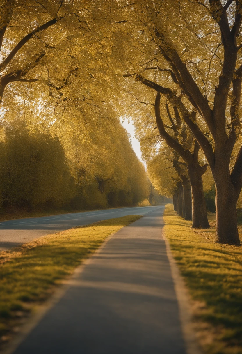 Wagas,plane trees,Green turns yellow,Realiy,photore,Middle of the road,Sycamore trees on both sides,Ultra-clear,The details are perfect,At the end of the road is the blue sky and white clouds,hyper HD,The details are perfect,The leaves are clear,Photogram