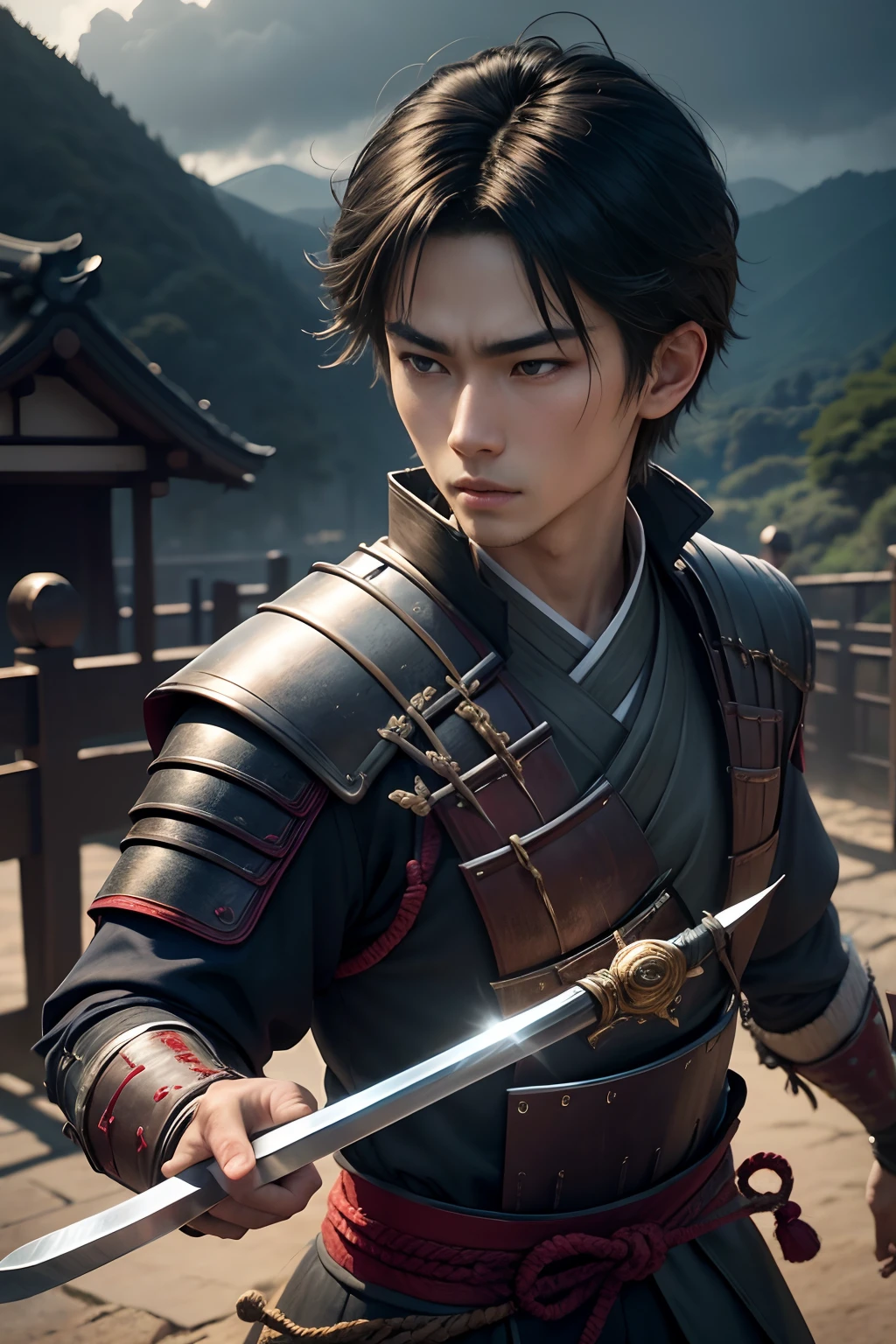8K,Photorealsitic Raw photography top-quality;1.4) (One Boy) Super handsome (Lifelike face) Boy samurai with a large Japan sword (realistic detailed) Historical samurai duels, Features highly detailed characters and landscapes, Atmospheric background, Reminiscent of the works of Hideaki Kuno and Stanley Ateg Liu. 超A high resolution A hyper-realistic real looking skin Beautiful expression enticing Ultra-precision details of Japan swords