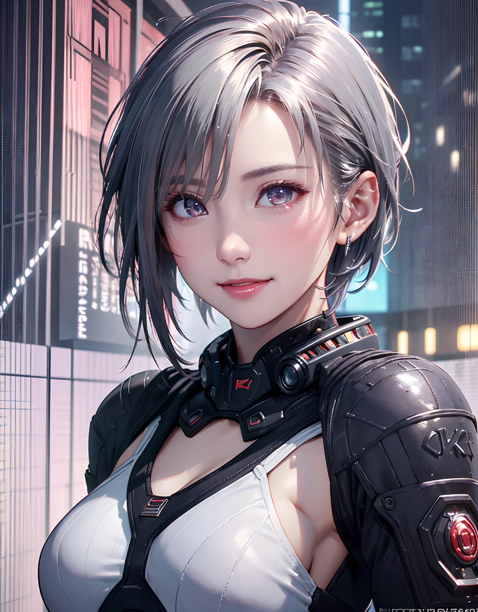(8k, photorealistic, RAW photo, top quality: 1.4), (1girl), super beautiful, (realistic face), (boyish, silver-colored berry short hair), beautiful cyberpunk suit, glares seducing viewer, beautiful expression, beautiful breasts, (realistic skin), beautiful smile, (soldier), attractive, ultra high resolution, ultra realistic, high definition, spoiled