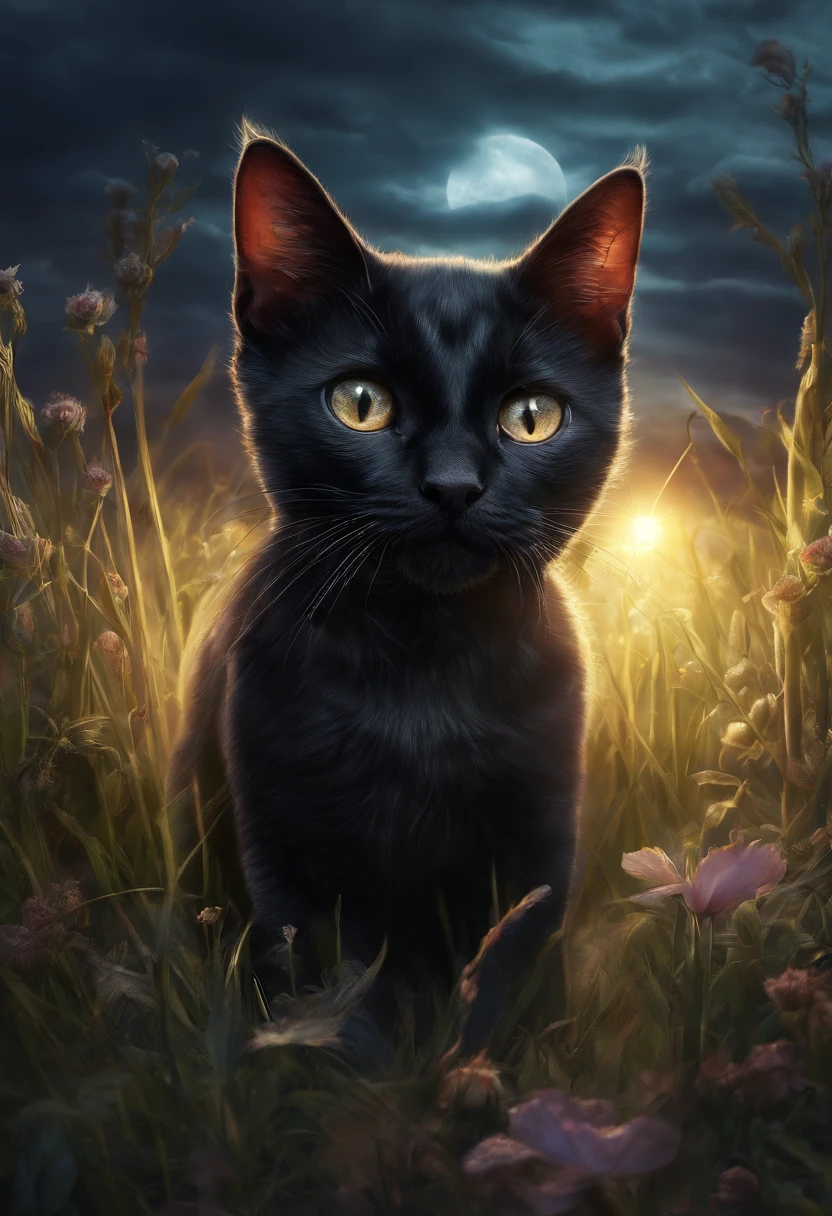 there is a black cat sitting in the grass with a glowing light, magical glowing eyes, beautiful glowing eyes, bright glowing eyes, glowing magical eyes, dream animal cute eyes, sparkling eyes, cute detailed digital art, adorable digital painting, brightly glowing eyes, cute digital art, beautiful white glowing eyes, very glowing eyes, starlit shining eyes, bright glowing eyes like leds