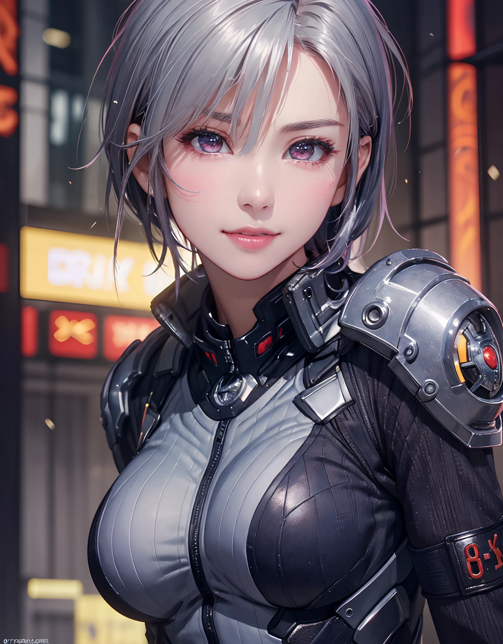 (8k, photorealistic, RAW photo, top quality: 1.4), (1girl), super beautiful, (realistic face), (boyish, silver-colored berry short hair), beautiful cyberpunk suit, glares seducing viewer, beautiful expression, beautiful breasts, (realistic skin), beautiful smile, (soldier), attractive, ultra high resolution, ultra realistic, high definition, spoiled