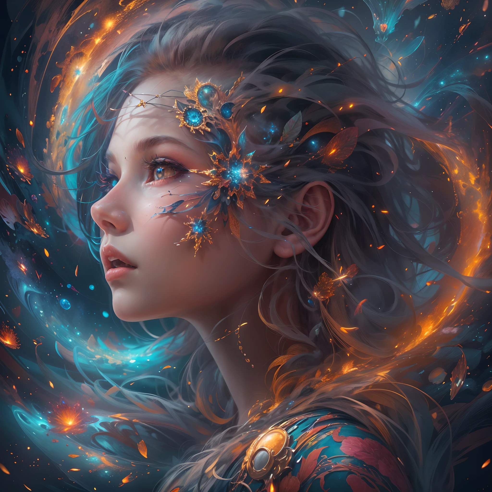 (Masterpiece, Top quality, Best quality, offcial art, Beauty and aesthetics: 1.2), (1 girl), Extreme detail, (Fractal art: 1.3), extremely colorful, suprem details, Perfect face, sportrait, hdr, starrysky, meteors, Light stripes, surrealism.