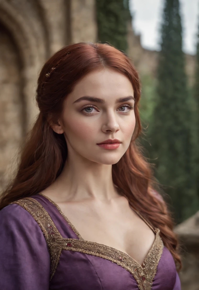 realistic photo, a realistic photo of 30yo medieval woman queen wearing a purple dress, red hair, medieval castle, Warm colors,blue eyes, perfect nose, round face, straight eyebrow, cheek bones (1girl), (extremely detailed CG unity 8k wallpaper), photo of the most beautiful artwork in the world, professional majestic, (big-breasted:1.5) (photography by Steve McCurry), 8k uhd, dslr, soft lighting, high quality, film grain, Fujifilm XT3 sharp focus, f 5.6, High Detail, Sharp focus, dramatic, (looking at viewer:1.2), (detailed pupils:1.3), (natural light), full body.