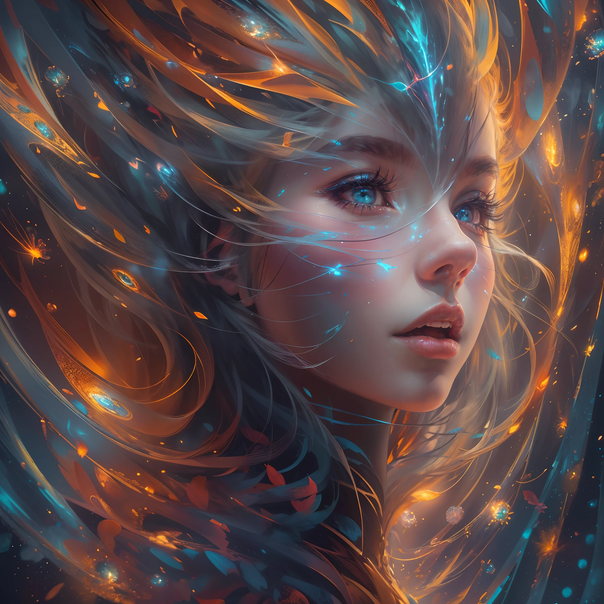 (Masterpiece, Top quality, Best quality, offcial art, Beauty and aesthetics: 1.2), (1 girl), Extreme detail, (Fractal art: 1.3), extremely colorful, suprem details, Perfect face, sportrait, hdr, starrysky, meteors, Light stripes, surrealism.