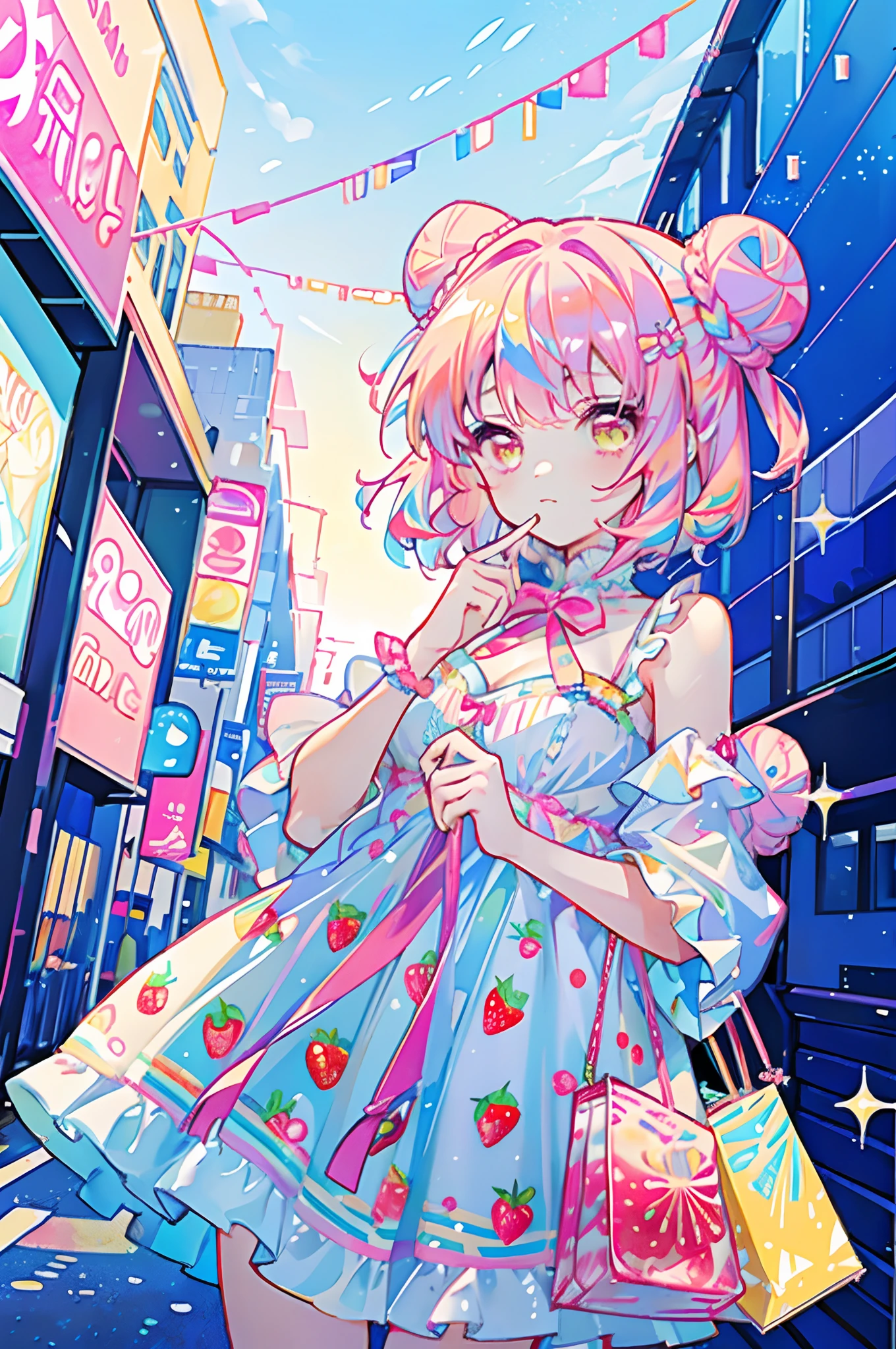 Cute as a dream、a pale、masterpiece、top-quality、top-quality、watercolor paiting(Curly)、official art、Beautifully Aesthetic:1.2)、(a beauty girl:1.3)、patterns、(magenta curly hair、shoulder length hair, ((short hair, hair buns)), colourful hair:1.2)、sparkles、colourfull、Hair spreads throughout、kawaii、pastels、Large ribbons、Rainbows, strawberry hair accessory, (1 girl solo), pastel colors, wearing a harajuku fashion outfit, lots of accessories, outside in the city, ((strawberry pattern dress)), yellow eyes