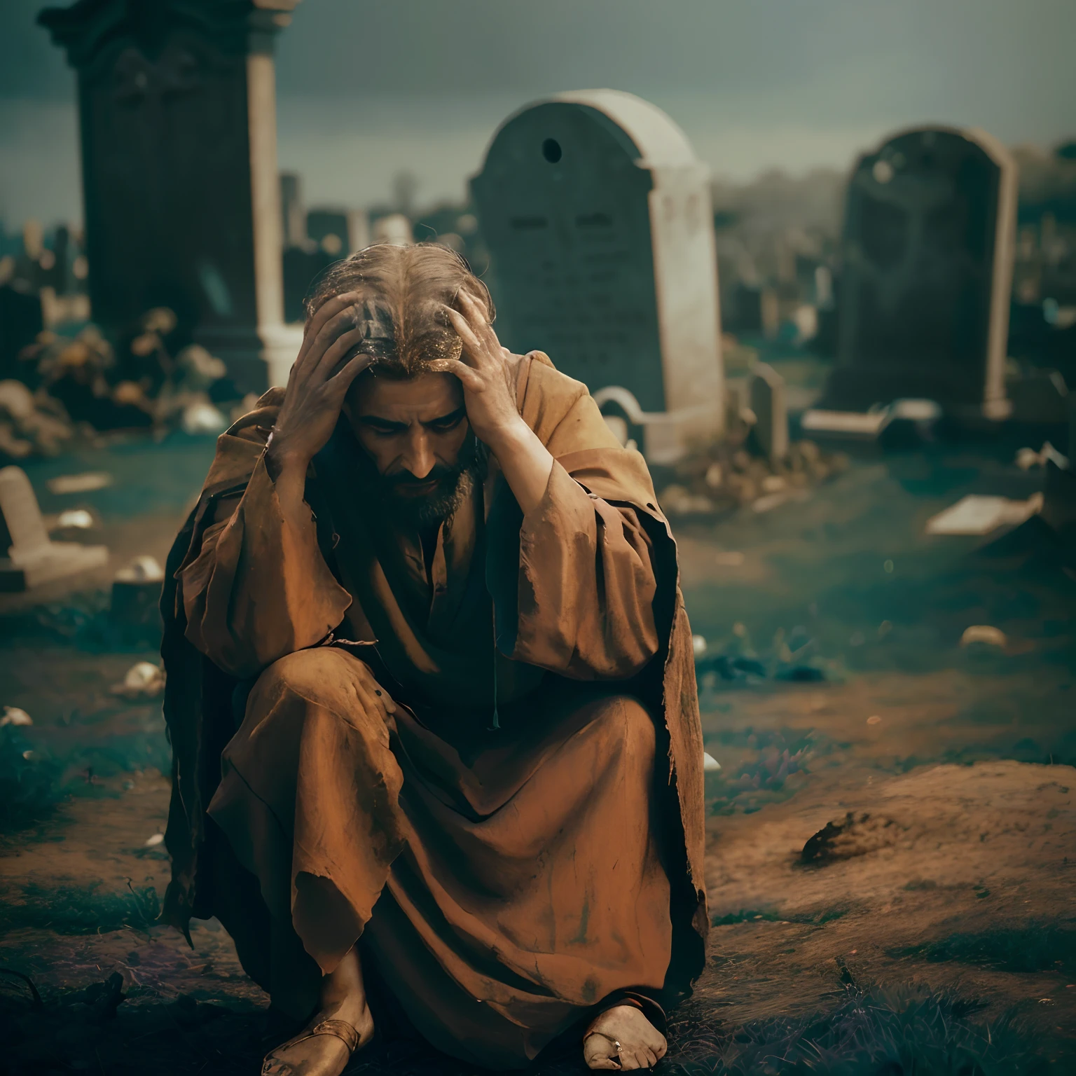 Man sitting on the ground in front of a grave, agonia e sofrimento, Luto, homem triste, triste, his hands buried in his face, holy man looking down at the ground, medo da morte, foto do perfil, Agonia, in a graveyard, tristeza e desespero, dor, O que acontece depois da morte, devastado, triste, in the middle of a graveyard, cinematic, foto realista historicamente preciso, Biblical times, cinematic