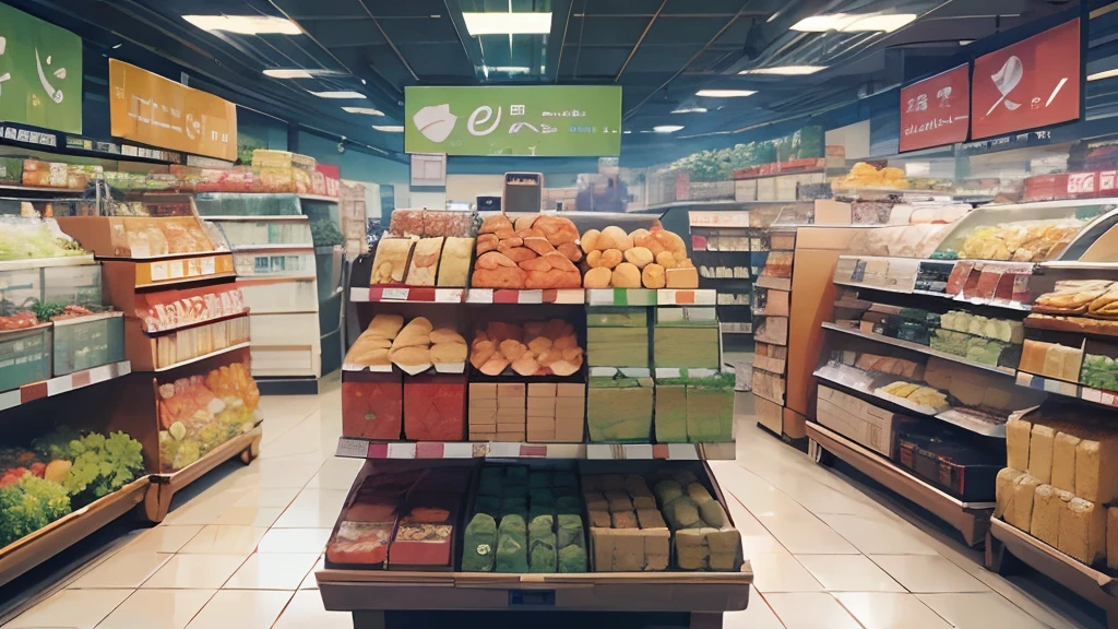Masterpiece, best quality, a super large supermarket stocked with food, large supermarket with all kinds of goods, Artie Guéran style