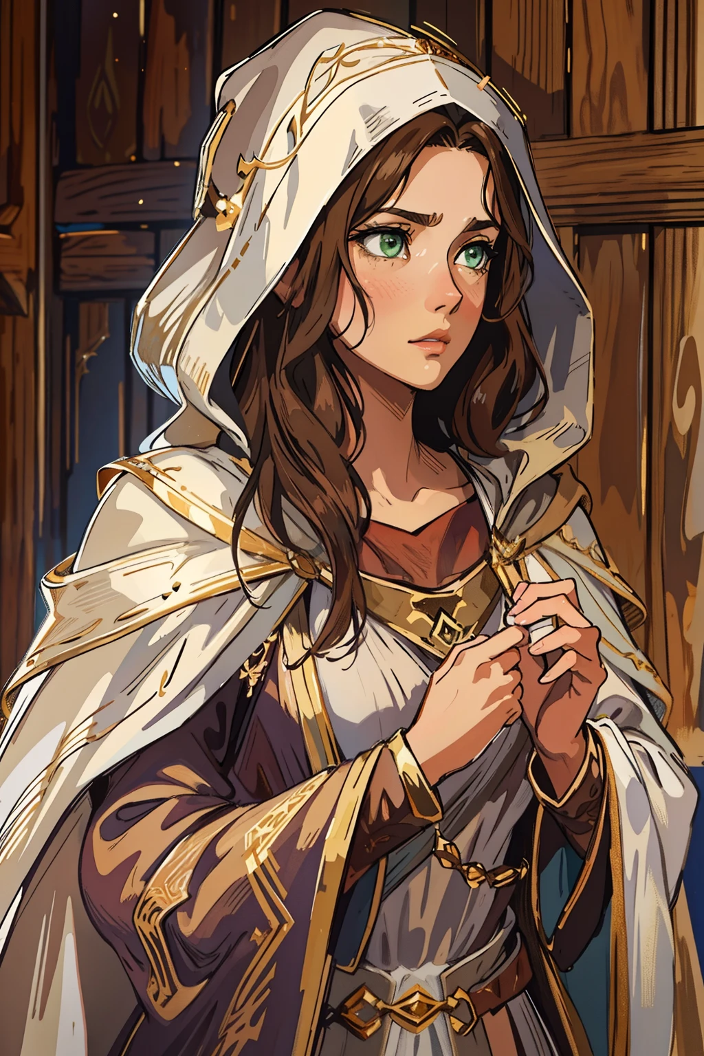 A beautiful sexy woman with green eyes and brown hair is a sorceress Wizard dressed in white and gold robes Noble robes A princess of magic and a sad look. A background with a dramatic wooden wall An art for an RPG A medieval art for an RPG (obra prima) ((Detailed strokes))