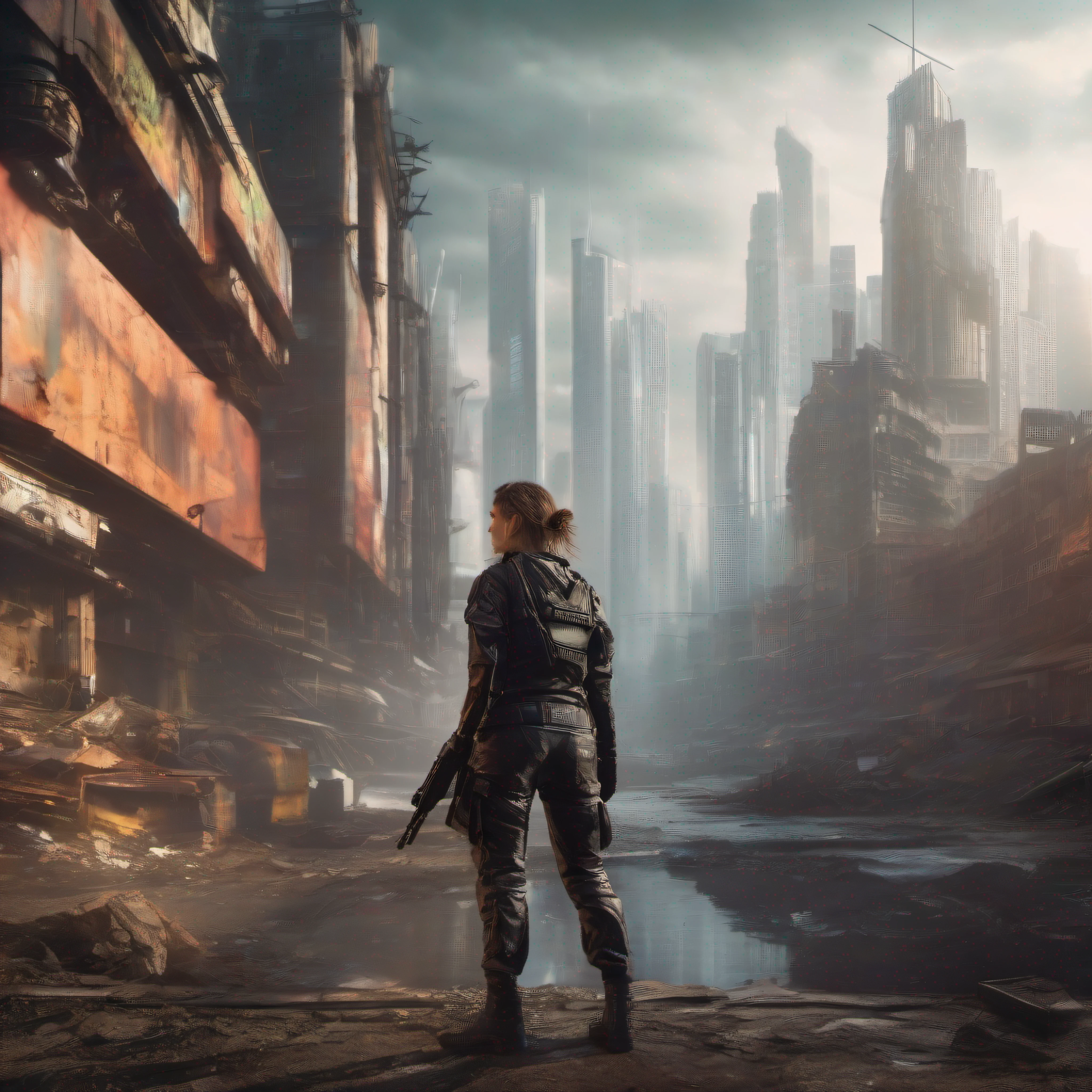 Dystopian future, cityscape, lone female in tactical clothing looks into the distance, filthy, depressing cyberpunk, wide angle