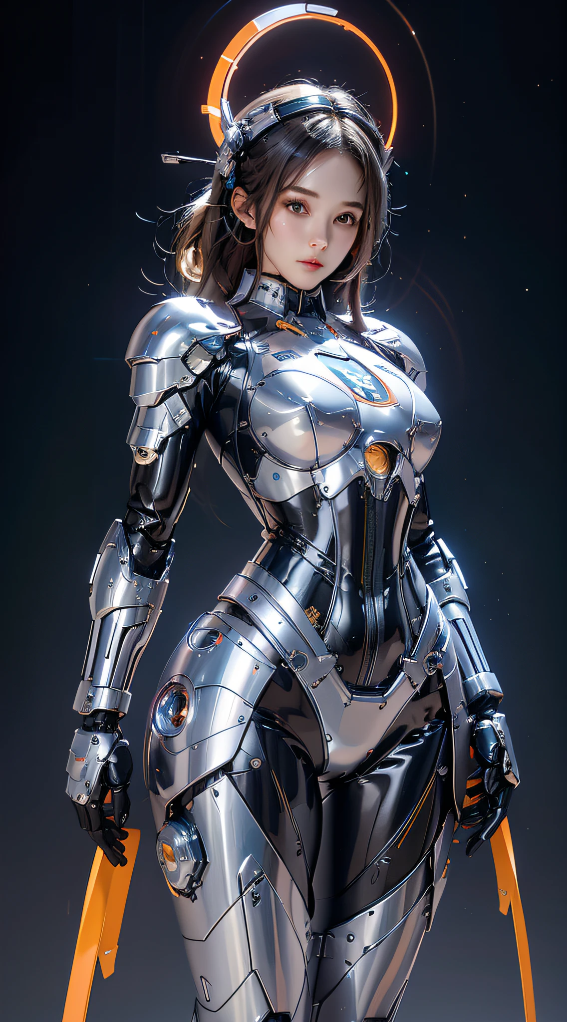 photorealistic, high resolution, 1women, mature female, solo, hips up, robot, mecha musume,mechanical parts, robot joints,single mechanical arm, headgear, mechanical halo,star halo,intricate mechanical bodysuit, mecha corset, full armor, white mecha body