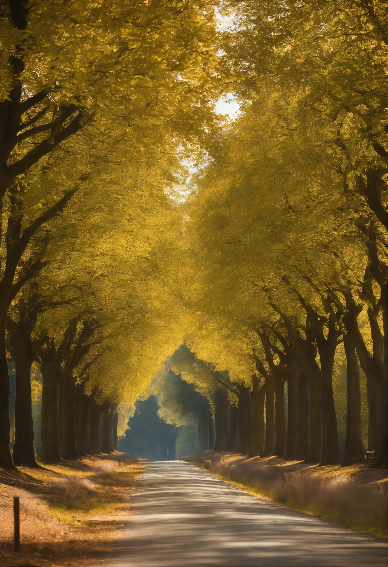 Wagas，plane trees，Green turns yellow，Realiy，photore，Middle of the road，Sycamore trees on both sides，Ultra-clear，The details are perfect，At the end of the road is the blue sky and white clouds，hyper HD，The details are perfect，The leaves are clear，Photogram