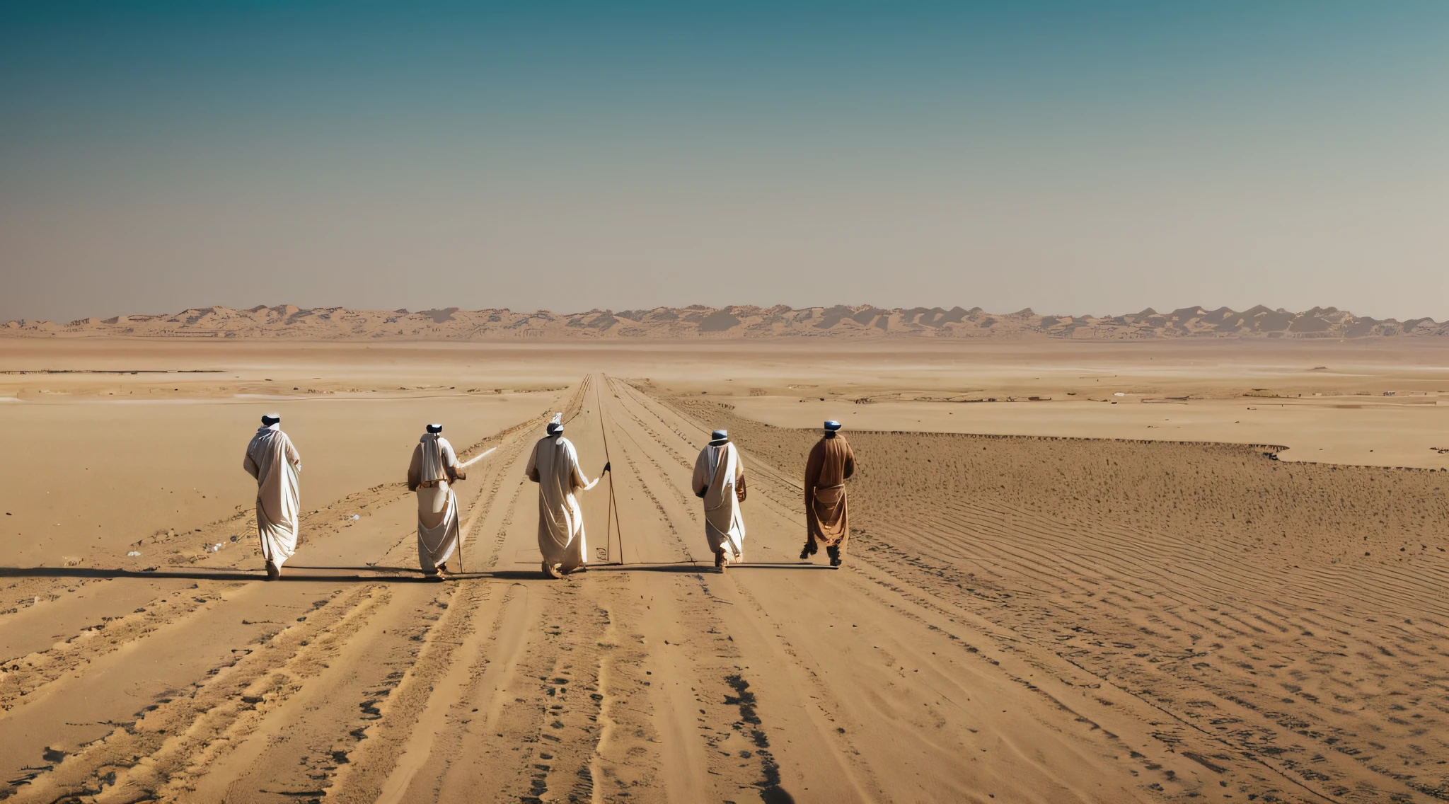Illustration of some Middle Eastern kings walking on a plain, Its waters dried up so that the way could be made for the kings of the East, 8k, cinematic, realistic