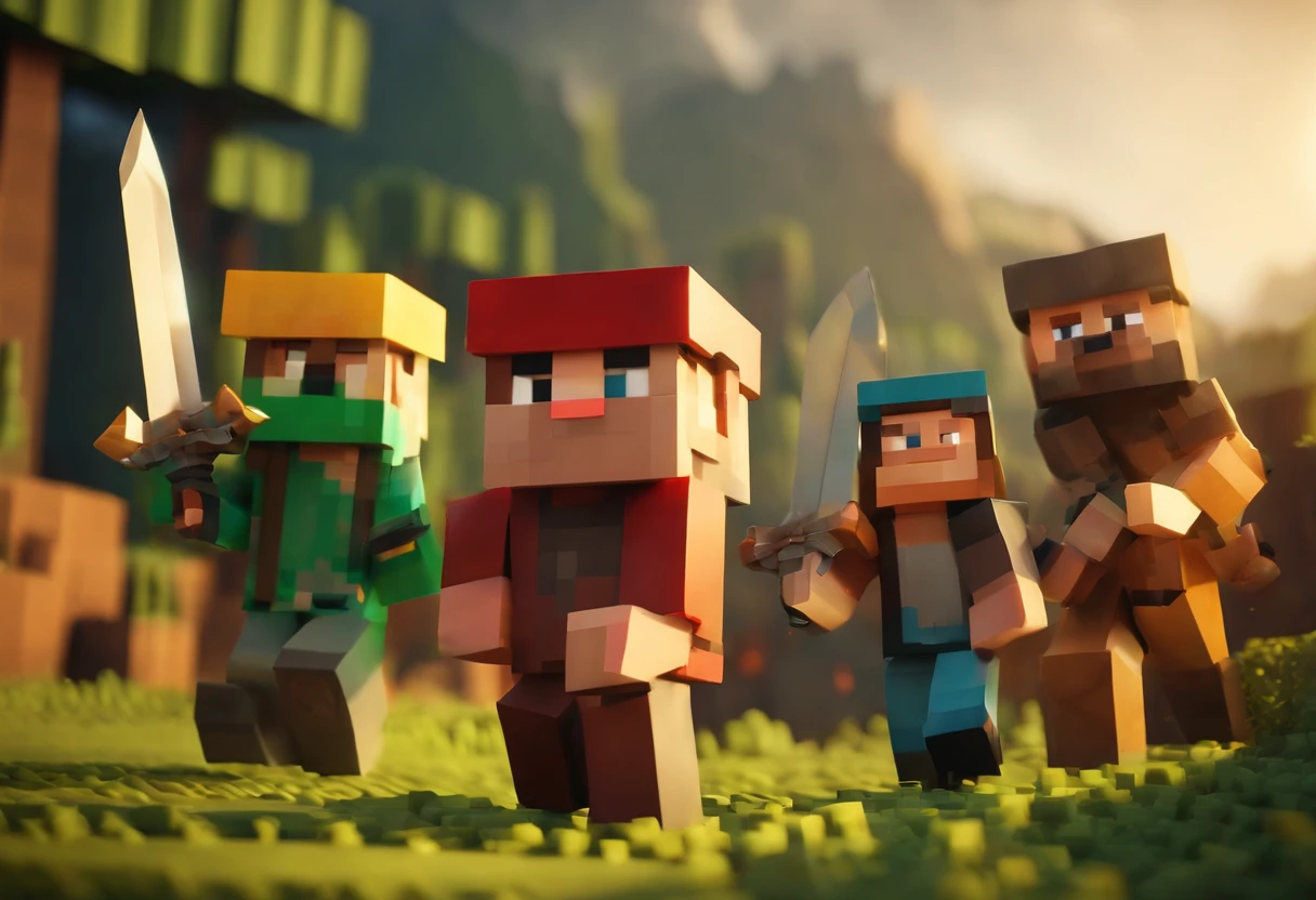 Steve is attacked by other players carrying swords in Minecraft Bedwars, roblox