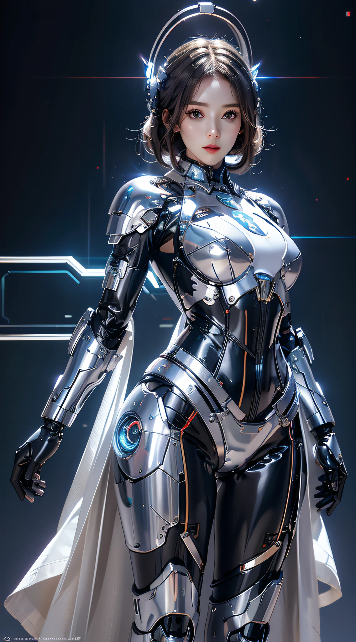 photorealistic, high resolution, 1women, mature female, solo, hips up, robot, mecha musume,mechanical parts, robot joints,single mechanical arm, headgear, mechanical halo,star halo,intricate mechanical bodysuit, mecha corset, full armor, white mecha body