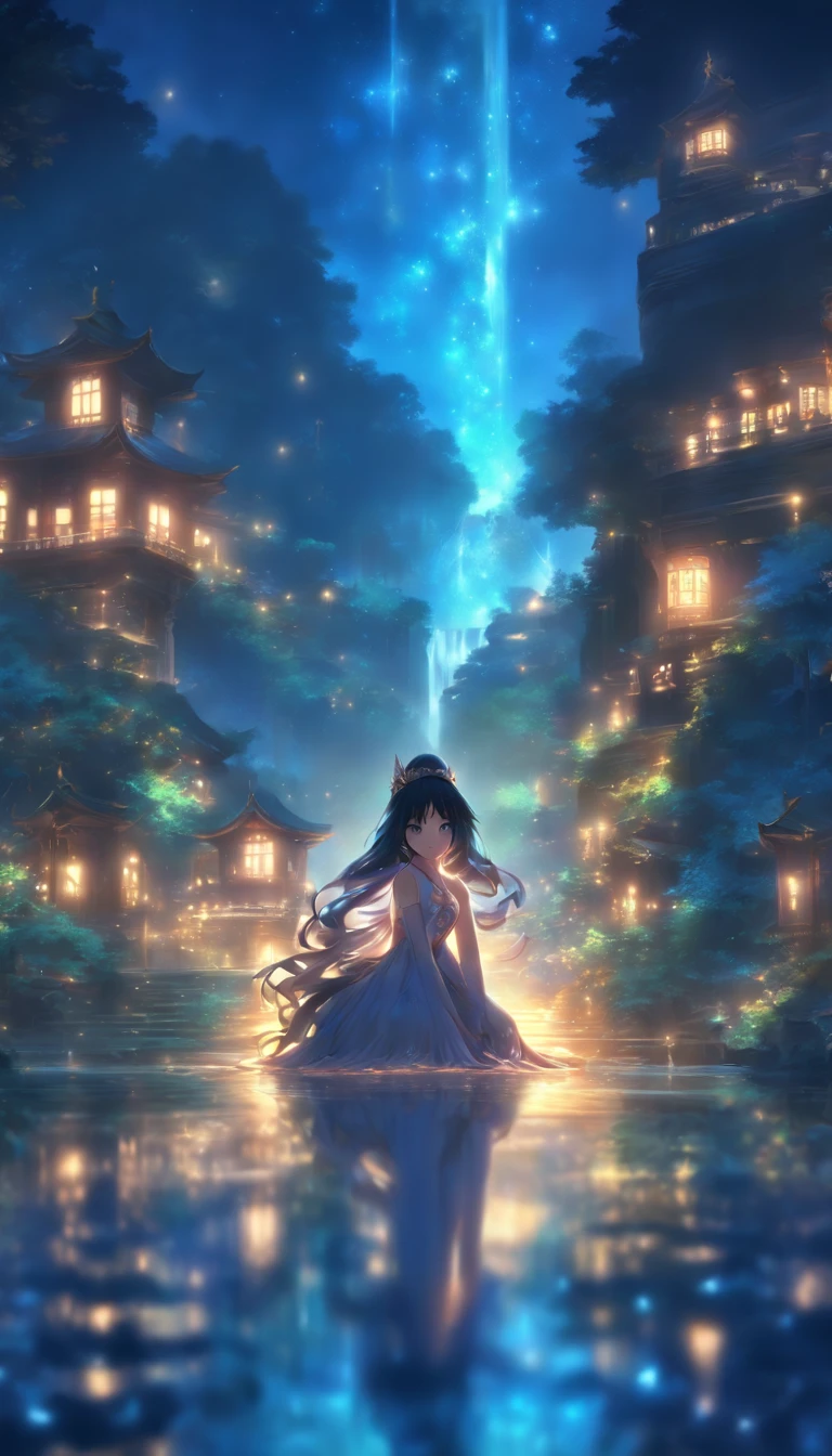 (Masterpiece, Best quality), 1girll(atenea_Asamiya Palace), Cute dress, Long black hair, Sitting, Beautiful outdoor background, Night, forest,highly detailed surreal vfx,oc rendered