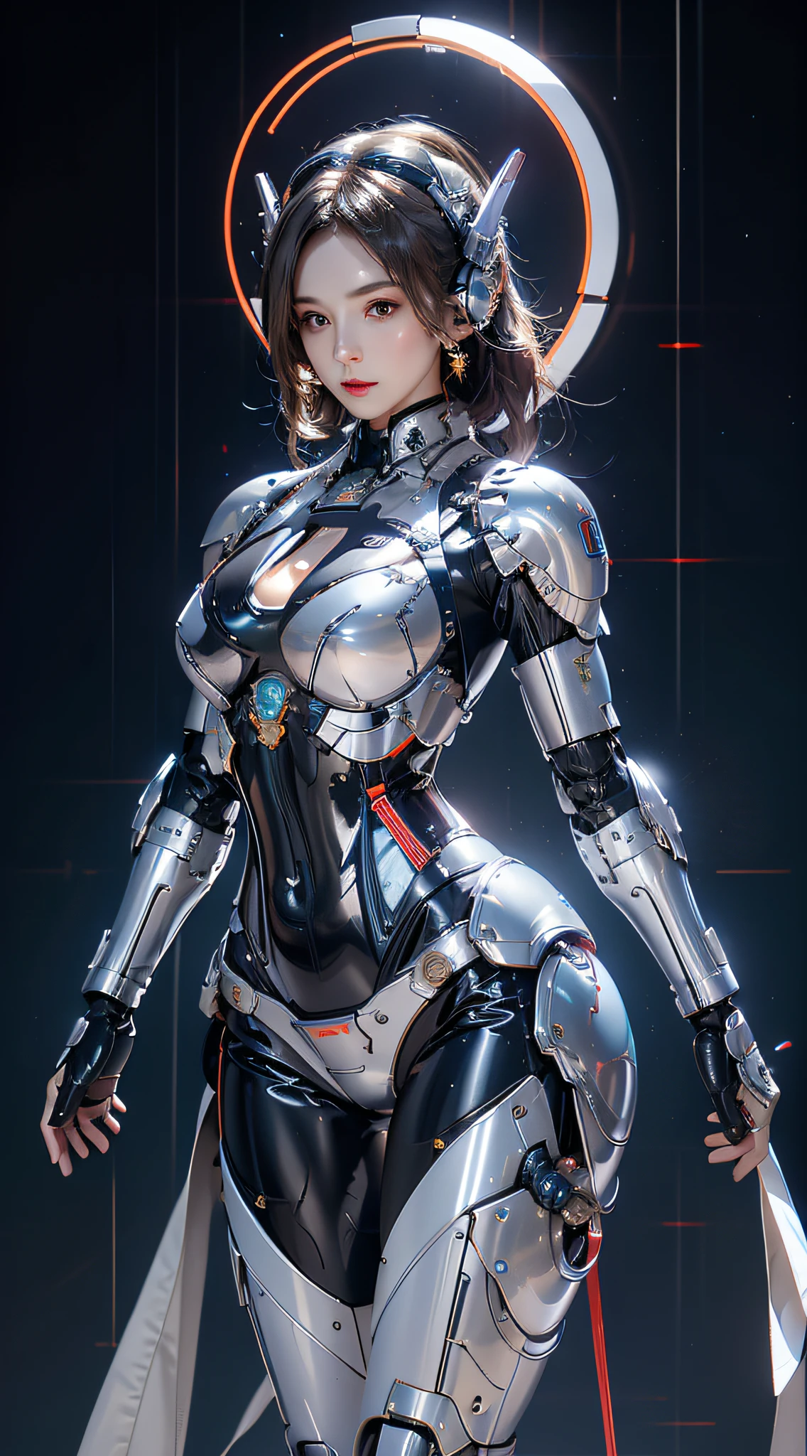 photorealistic, high resolution, 1women, mature female, solo, hips up, robot, mecha musume,mechanical parts, robot joints,single mechanical arm, headgear, mechanical halo,star halo,intricate mechanical bodysuit, mecha corset, full armor, white mecha body
