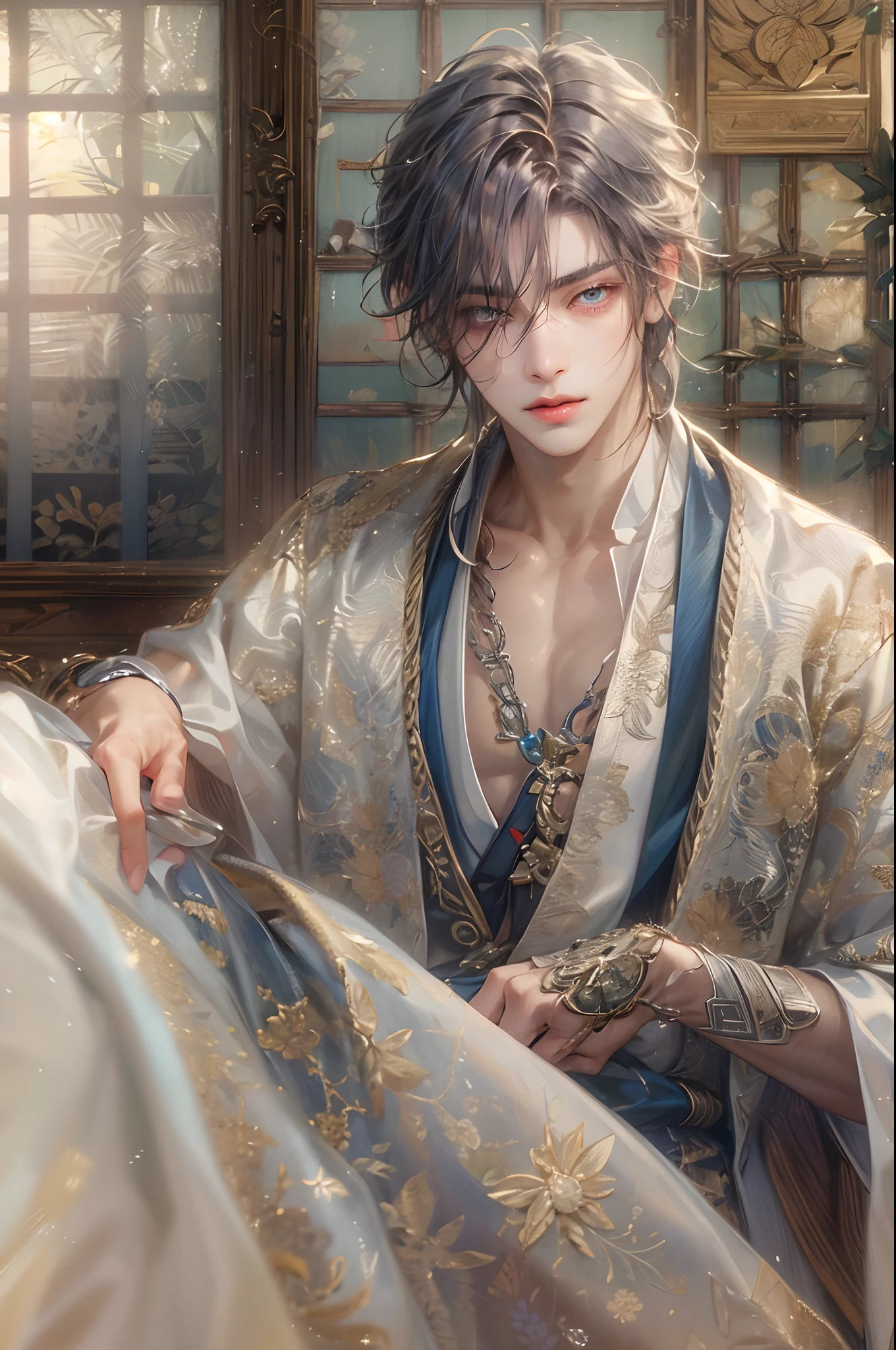 (absurdres, highres, ultra detailed, HDR), masterpiece, best quality, 1 boy , Hakuoki character, short hair, handsome face, anime eyes, detailed interior, detailed character