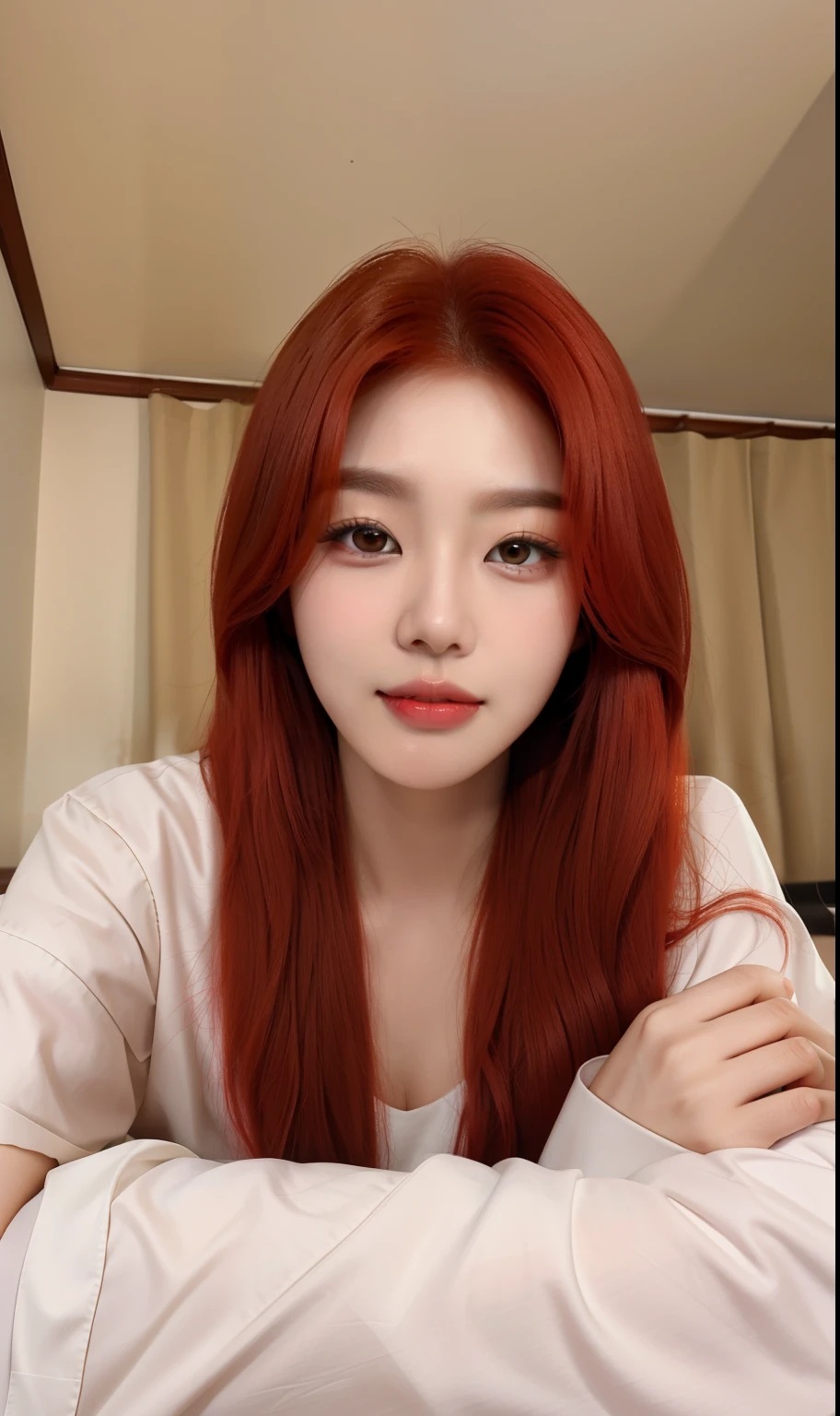 there is a woman with long red hair sitting on a bed, korean girl, beautiful south korean woman, heonhwa choe, gorgeous young korean woman, popular south korean makeup, beautiful young korean woman, korean woman, roseanne park of blackpink, jaeyeon nam, she has long redorange hair, sun yunjoo, young adorable korean face, park ji-min, Best picture quality, masterpiece, ultra high resolution, 8k, cleavage, big boobs, bust detail, hair detail, eye detail, sharp eyes, thin smile, professional lighting
