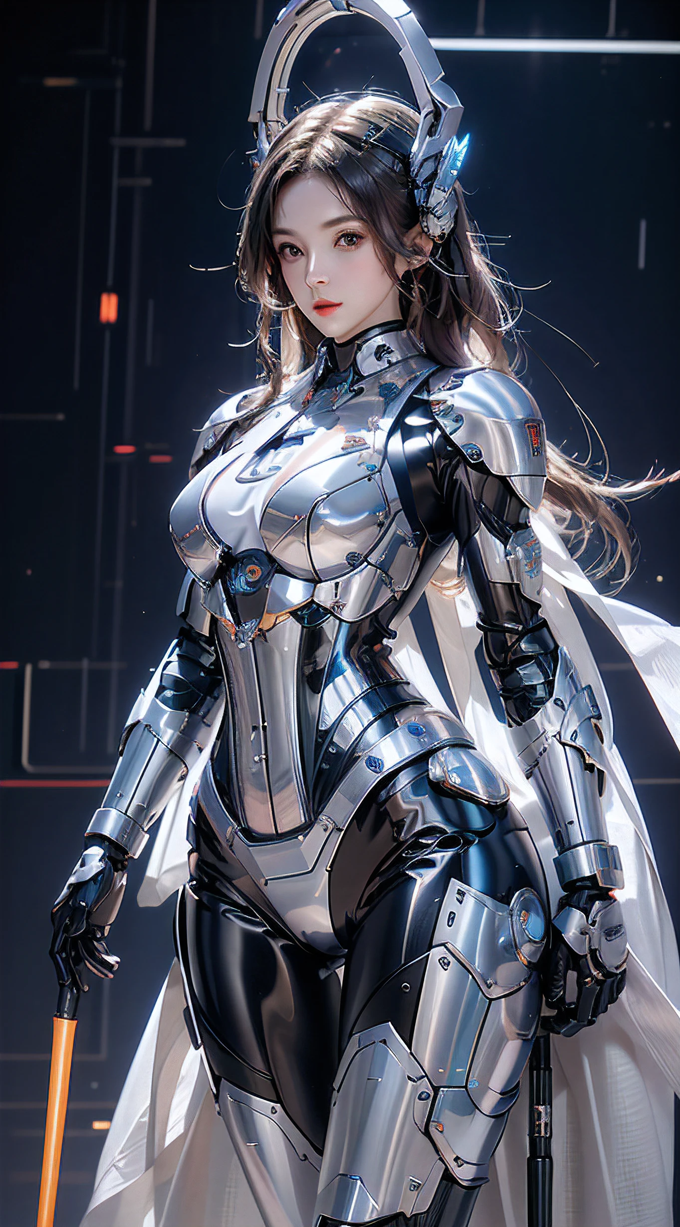 photorealistic, high resolution, 1women, mature female, solo, hips up, robot, mecha musume,mechanical parts, robot joints,single mechanical arm, headgear, mechanical halo,star halo,intricate mechanical bodysuit, mecha corset, full armor, white mecha body