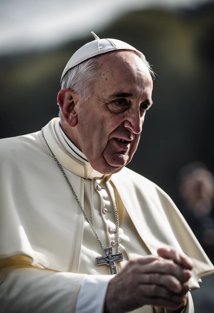 Pope Francis,front wiew,wearing a American army suite holding one HK 47, and granada,