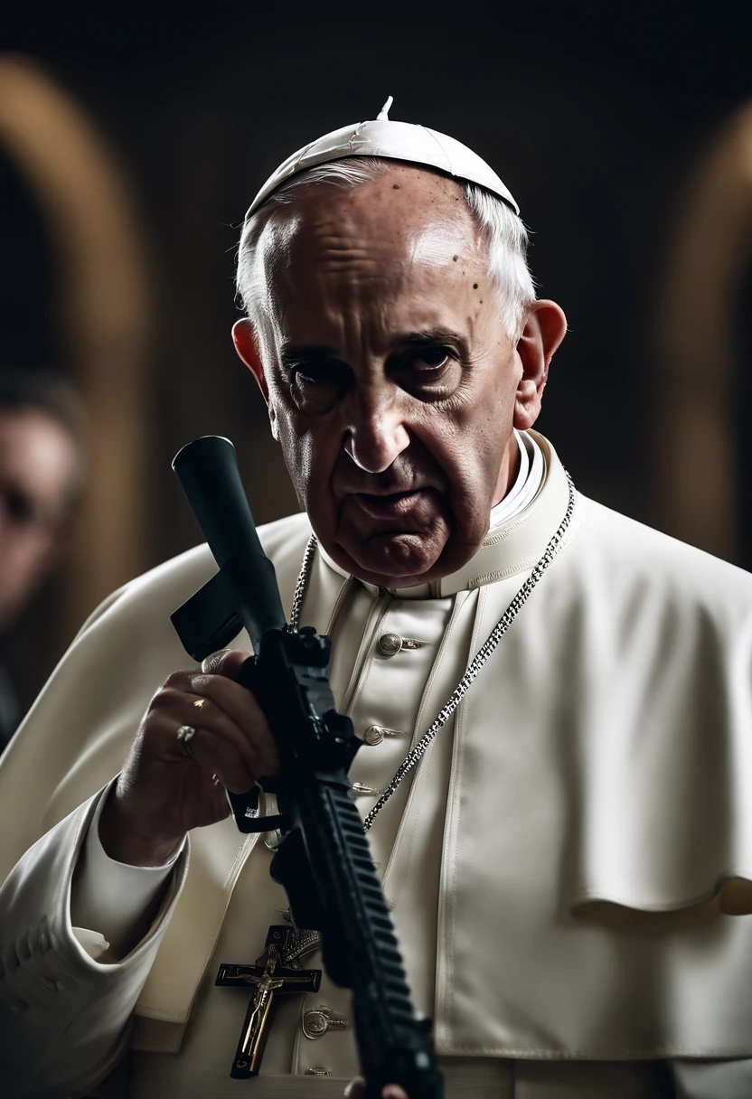 Pope Francis,front wiew,wearing a American army suite holding one HK 47, and granada,