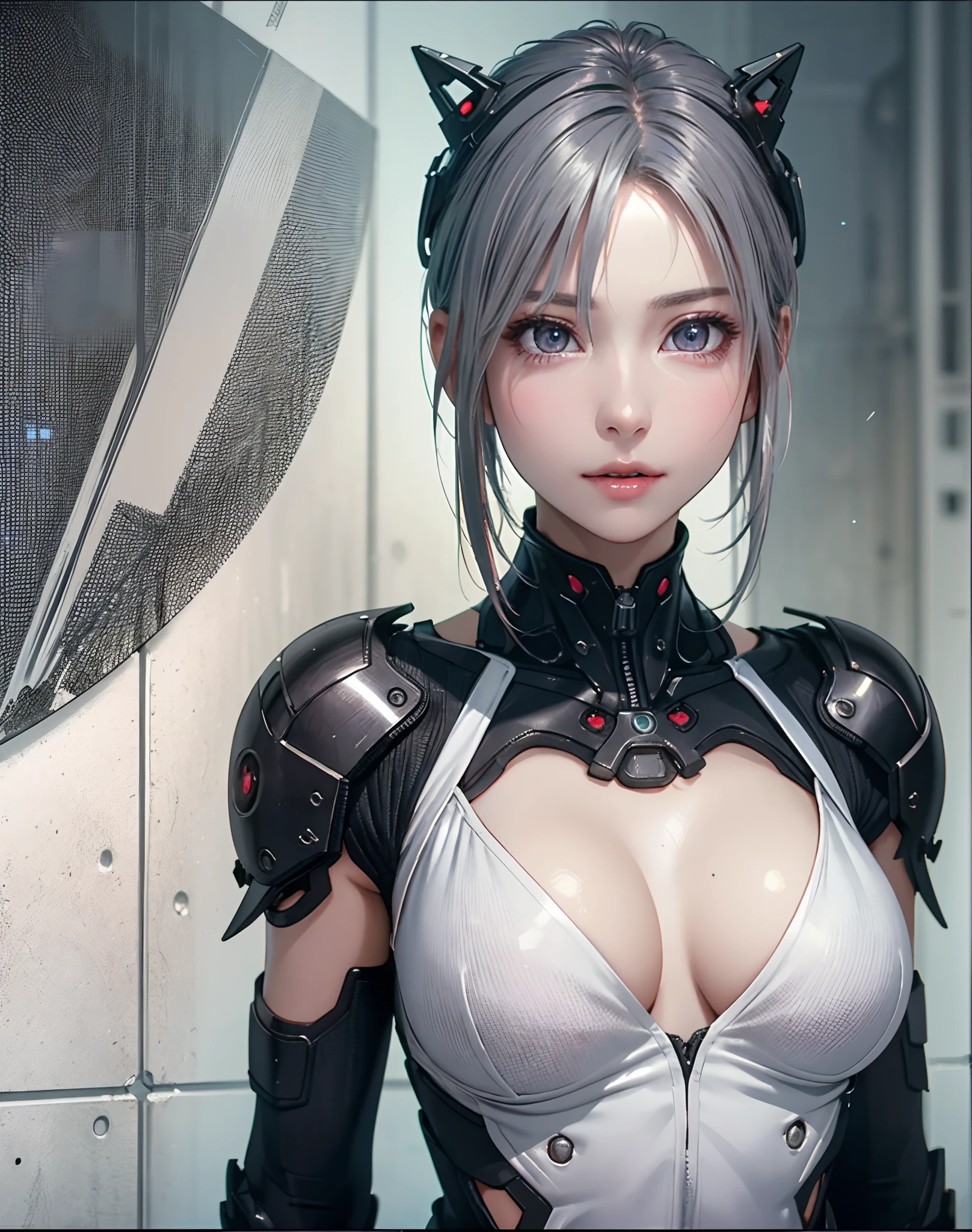 (8K, Photorealistic, Raw photo, of the highest quality: 1.3), (1girl in), Super beautiful, (Realistic face), (boyish, Silver Color Berry Shorthair), Beautiful cyberpunk suit, Glare that captivates the viewer, Beautiful expression, Beautiful breasts, (Realistic skin), Beautiful...