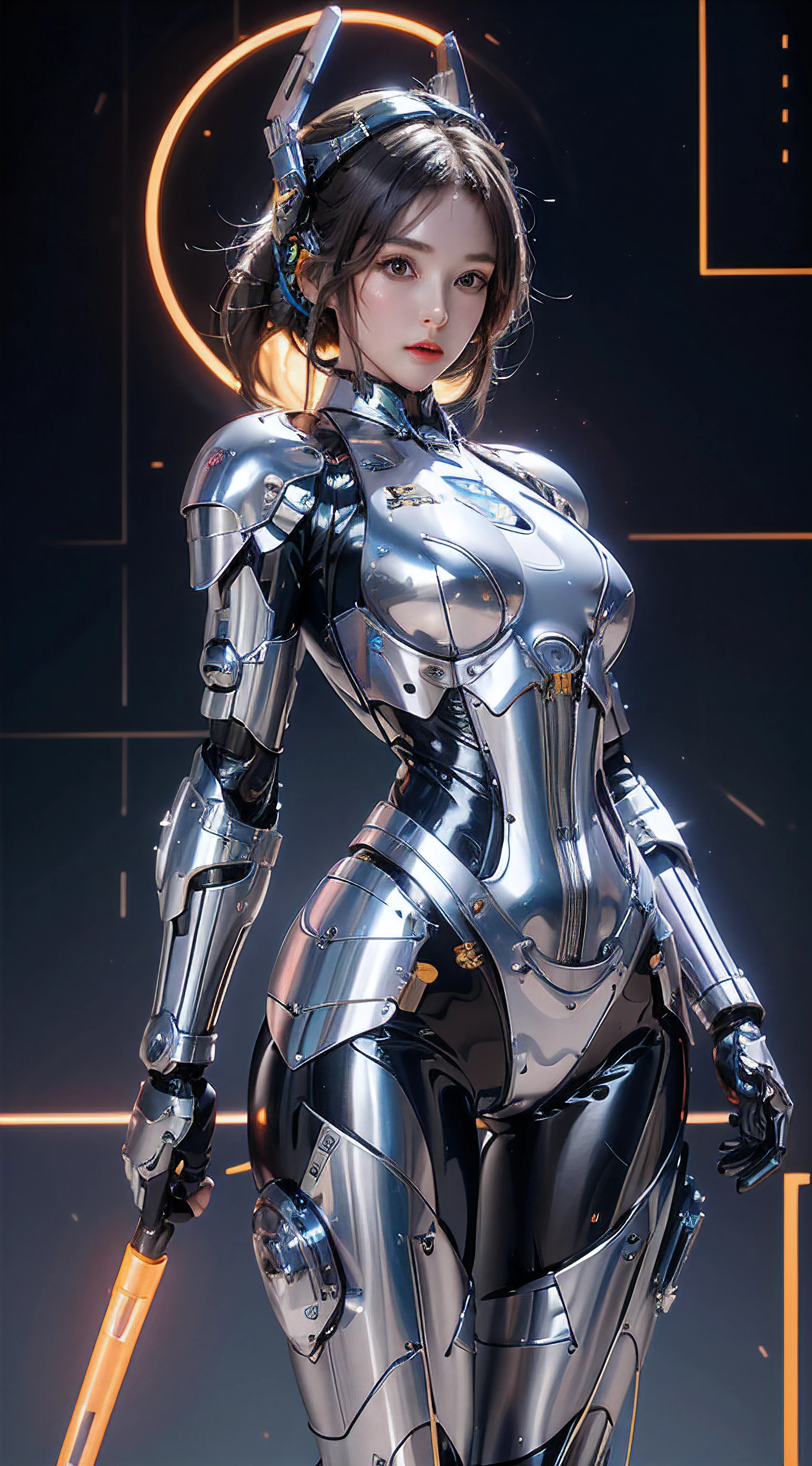 photorealistic, high resolution, 1women, mature female, solo, hips up, robot, mecha musume,mechanical parts, robot joints,single mechanical arm, headgear, mechanical halo,star halo,intricate mechanical bodysuit, mecha corset, full armor, white mecha body