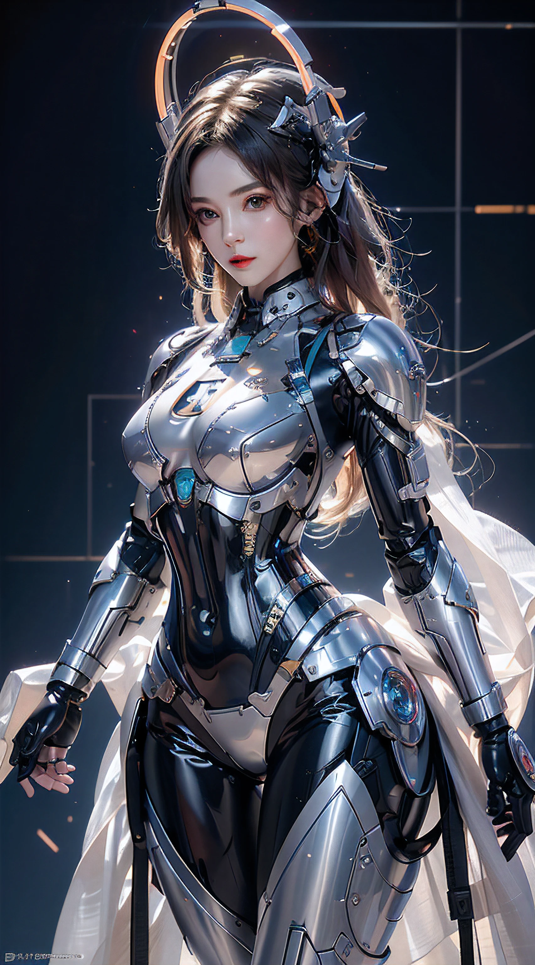 photorealistic, high resolution, 1women, mature female, solo, hips up, robot, mecha musume,mechanical parts, robot joints,single mechanical arm, headgear, mechanical halo,star halo,intricate mechanical bodysuit, mecha corset, full armor, white mecha body