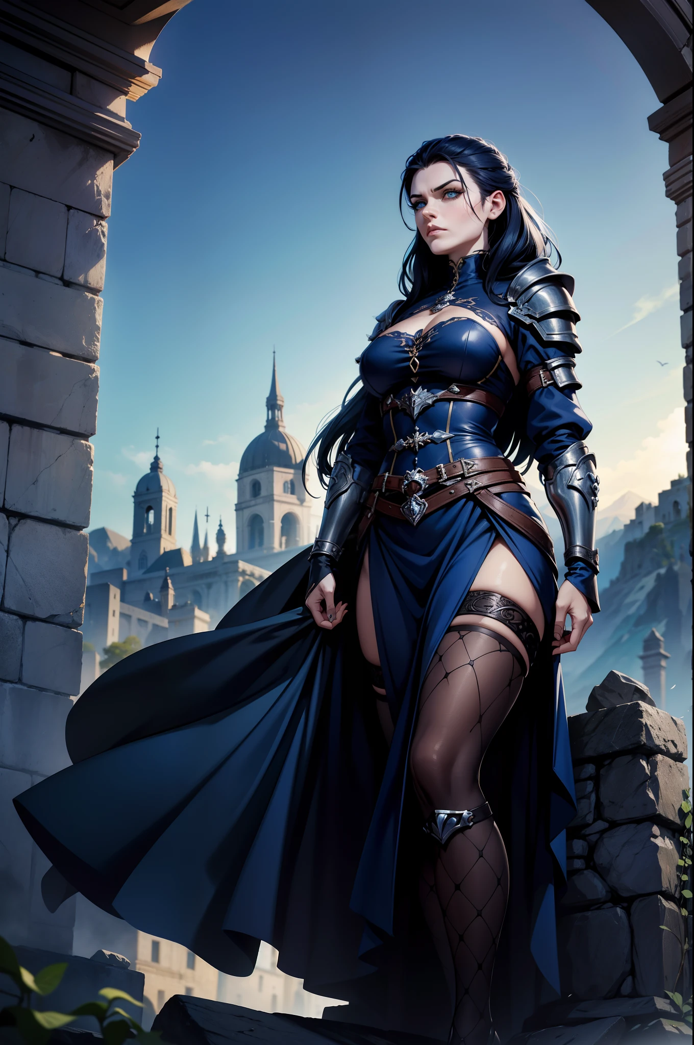 Personagem feminina ruiva de cabelo laranjado e curto, gothic armor, Own, on top of a raised stone in a challenging position with a serious facial expression, cor azul dos olhos, vestir, manto, capuz, dramatic scene, Torre do Mago, entardecer, magnifica, 8k, standing, walking on staircase, descending